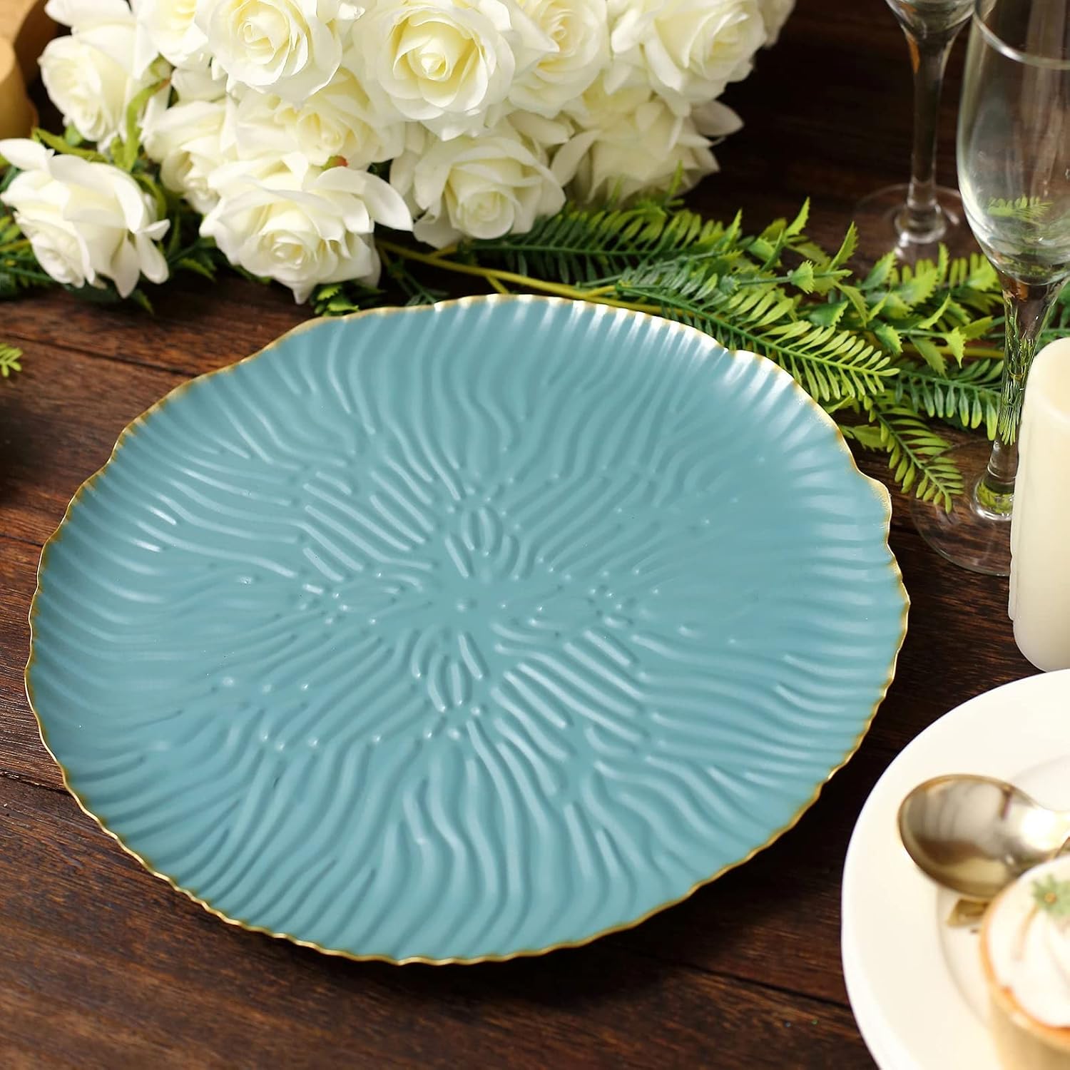 Efavormart – Bandeja de metal para servir postres de 12 pulgadas, color azul polvoriento, con patas onduladas, pedestal para tartas de boda,