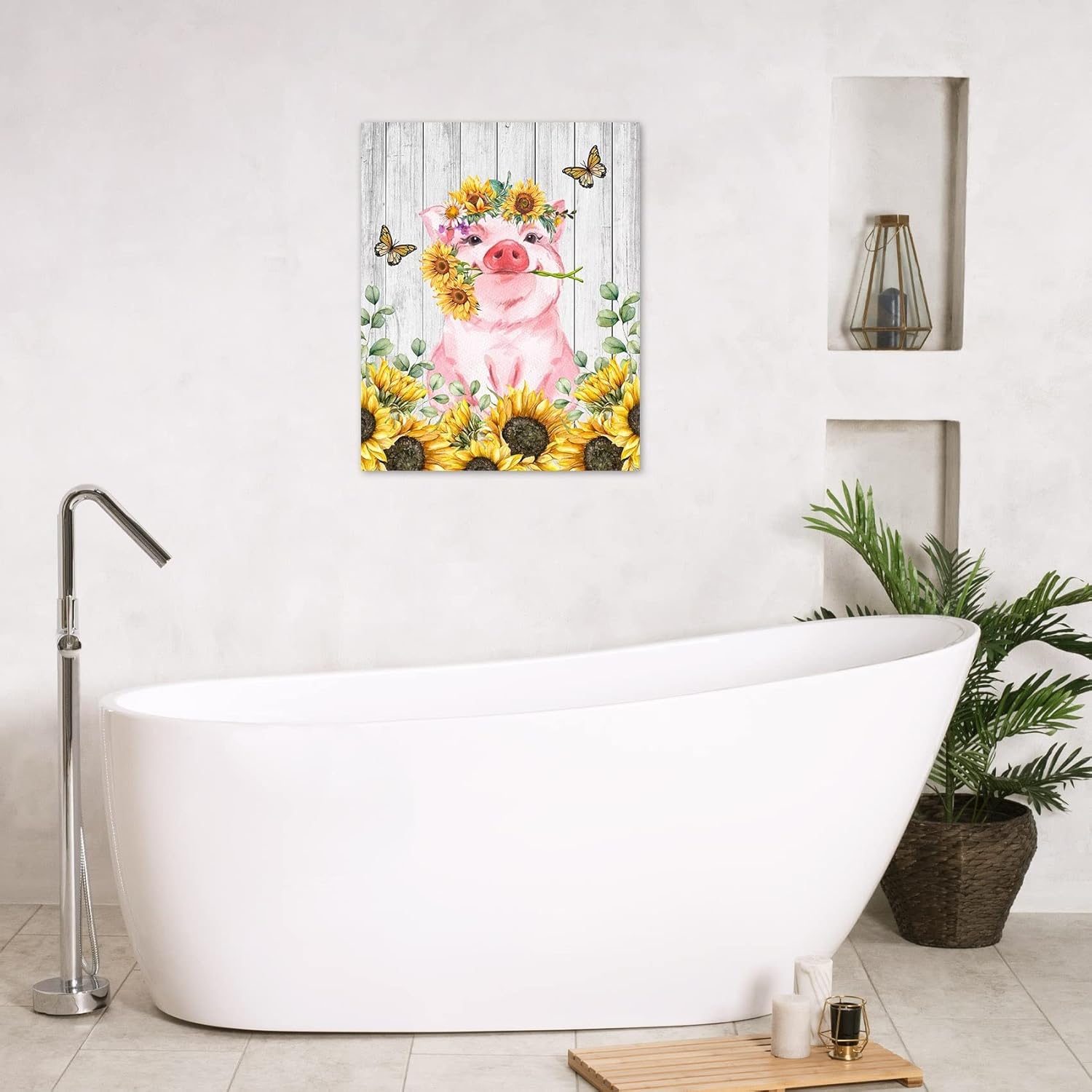 HVEST Arte de pared de girasol de cerdo, lindo cerdo y girasoles con mariposa en tablero rústico, pintura abstracta, lienzo de granja para baño,