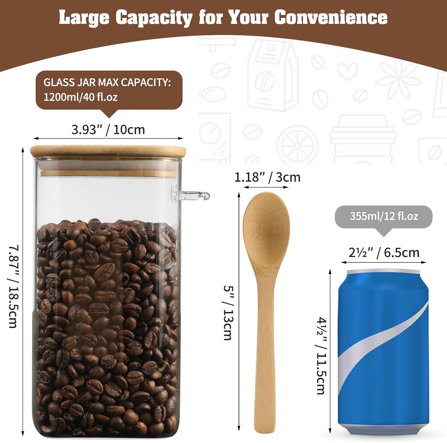 Tarro de almacenamiento cuadrado de vidrio con tapas de bambú, cucharas, recipiente de café de vidrio de 40 onzas (40.6 fl oz), recipiente de