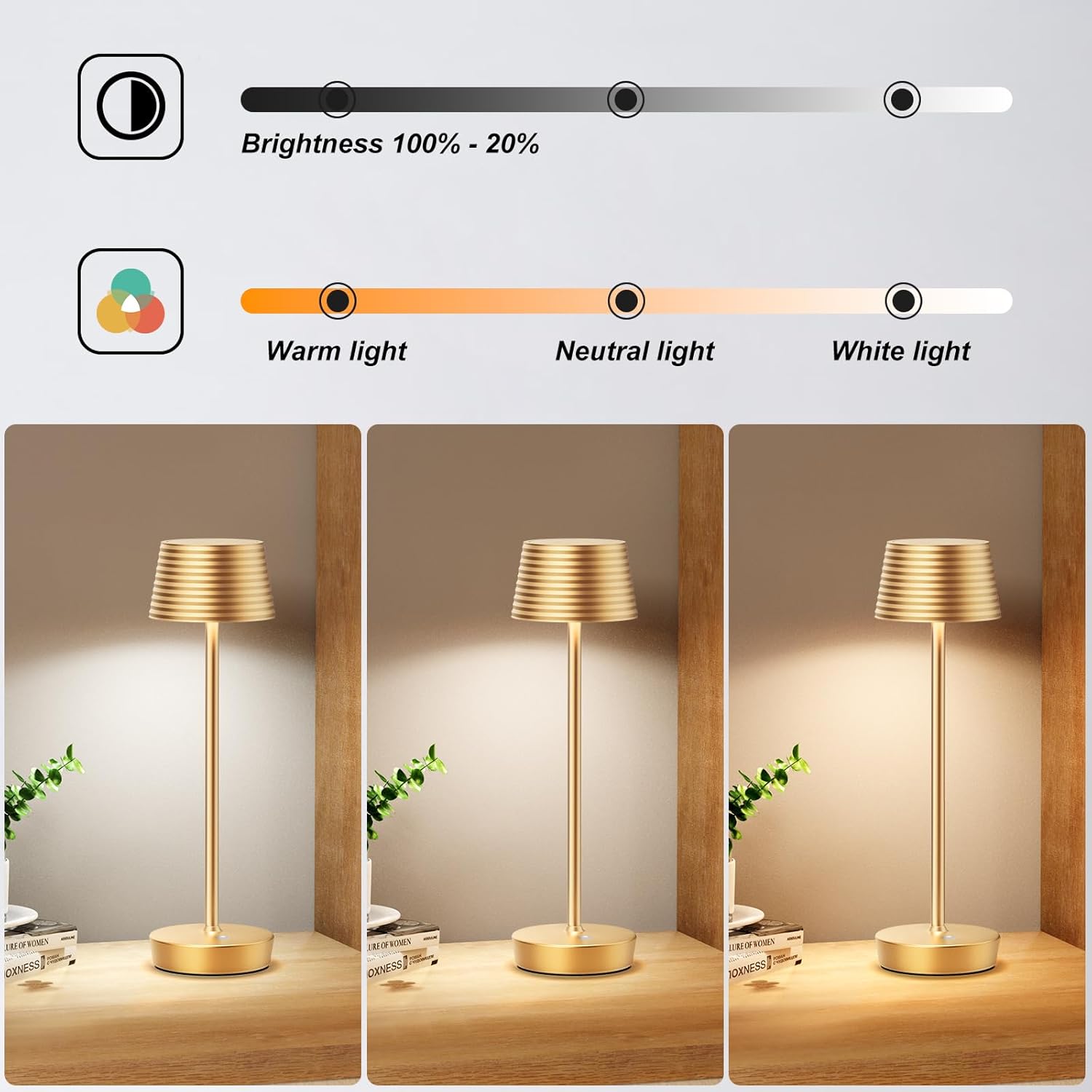 SAKRINGT Lámparas de mesa inalámbricas recargables, luz LED de mesa para exteriores, funciona con batería de 6000 mAh, 3 colores de temperatura,