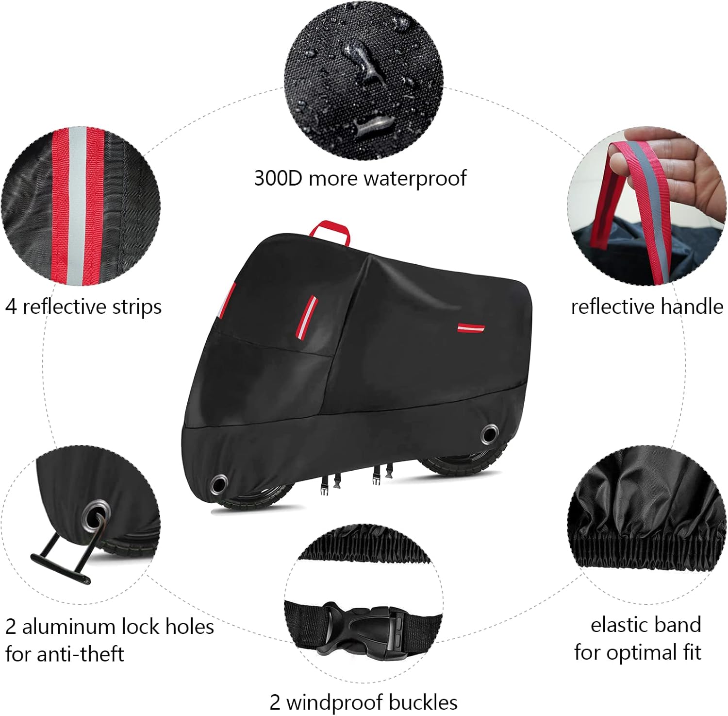 Funda para motocicleta resistente 300D, resistente al agua, para todas las estaciones, con 2 agujeros de bloqueo y 4 tiras reflectantes, se adapta a