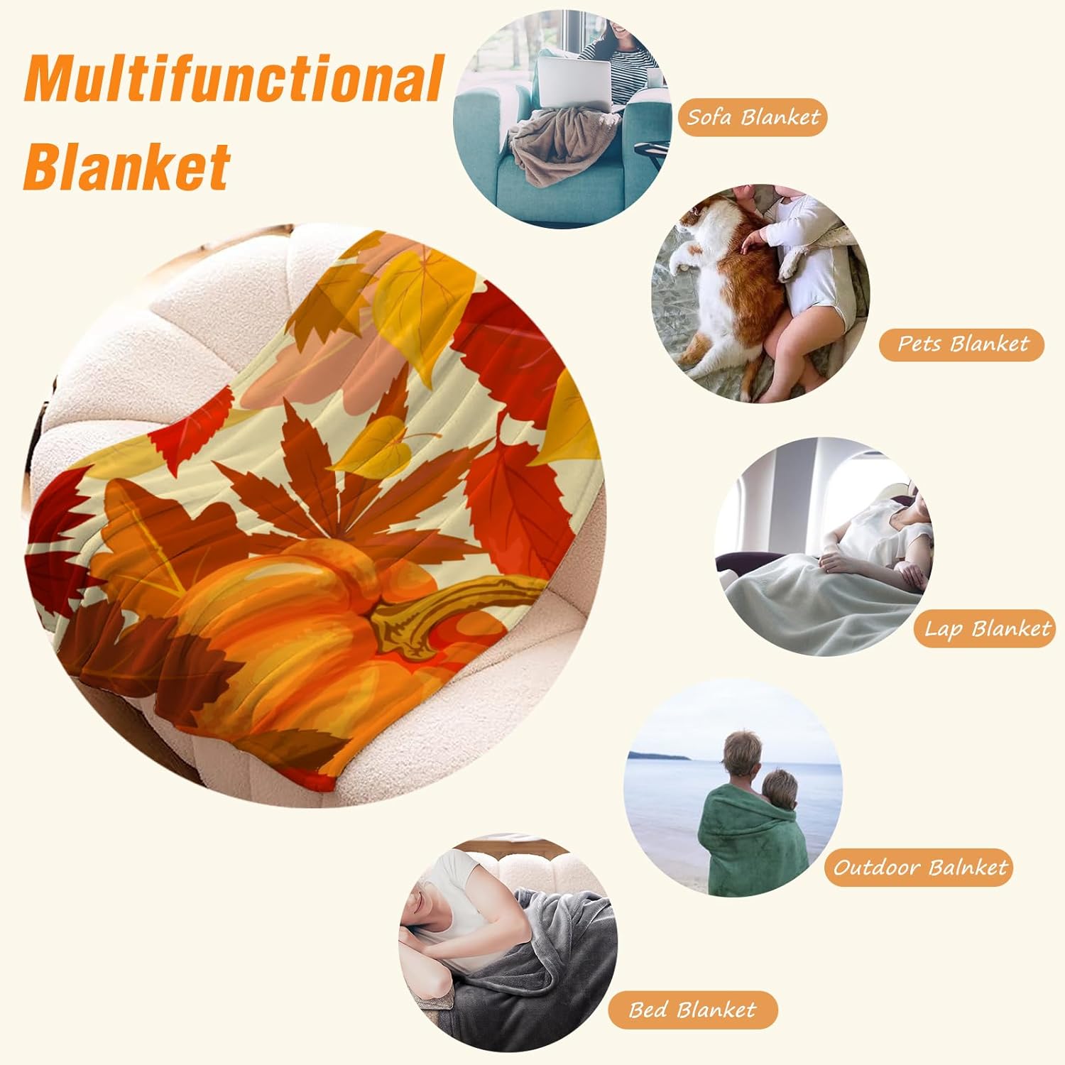 YeeJu Manta decorativa de otoño, color naranja, Acción de Gracias, cosecha de otoño, con estampado de calabazas lindas, para sofá, cama, sala de