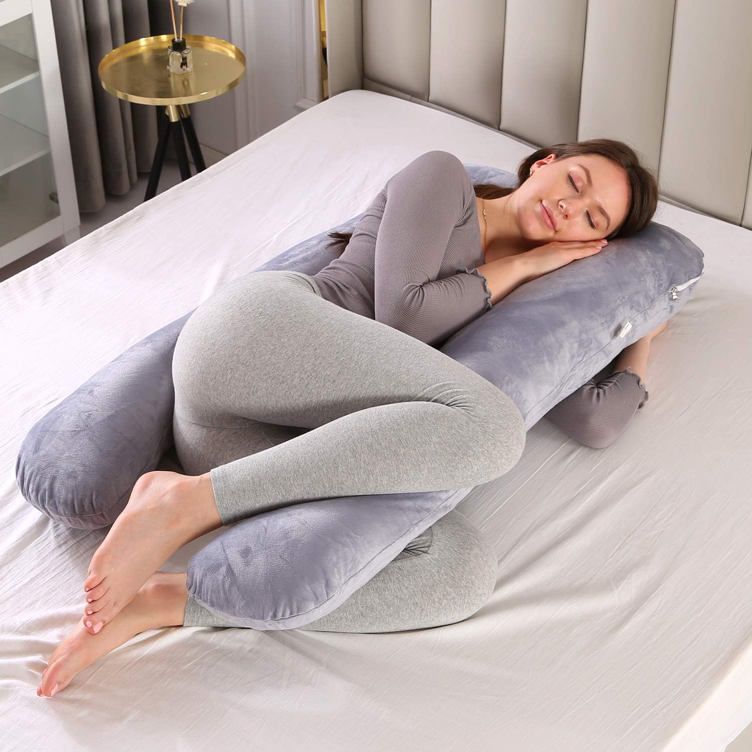 Almohada de embarazo grande en forma de U con forma de U con funda de almohada de algodón reemplazable y lavable para mujeres embarazadas que