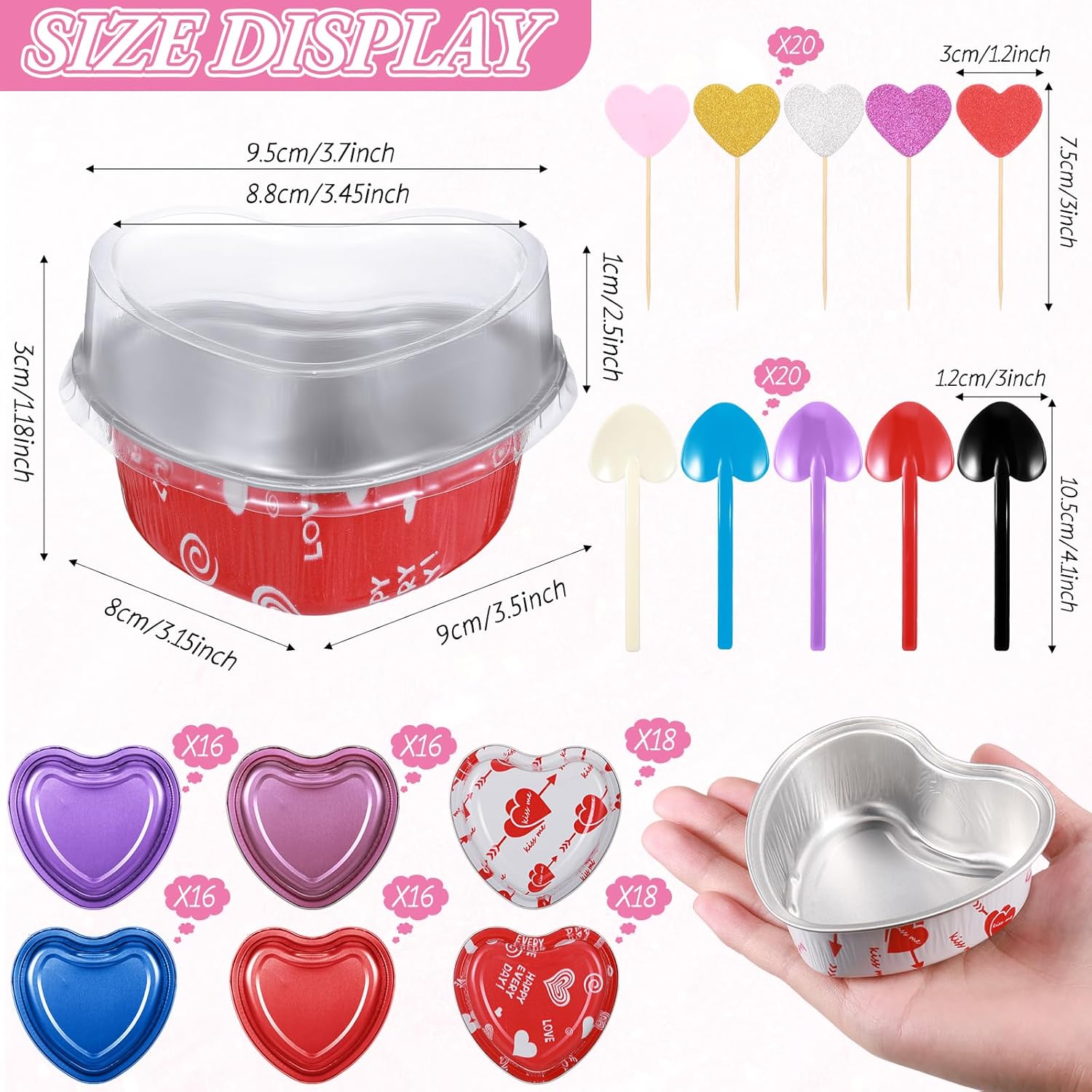 Juego de 100 moldes para tartas en forma de corazón de 3.4 onzas con tapas de aluminio, mini moldes desechables para tartas, moldes para hornear con