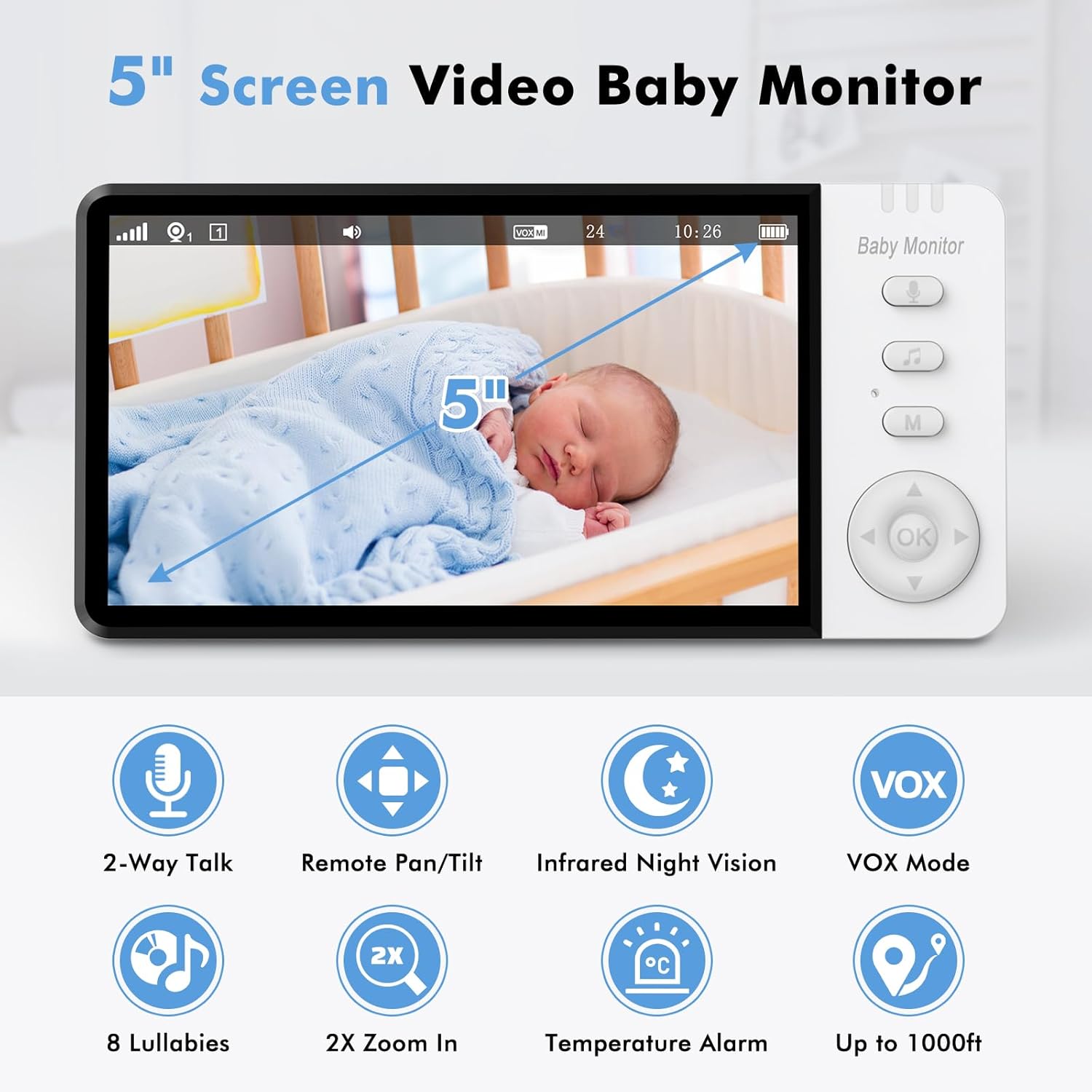 VAVSEA Monitor de bebé con cámara y audio, pantalla LCD de 5 pulgadas, monitor de bebé de video HD 720P, alcance de 1000 pies, VOX, visión nocturna,