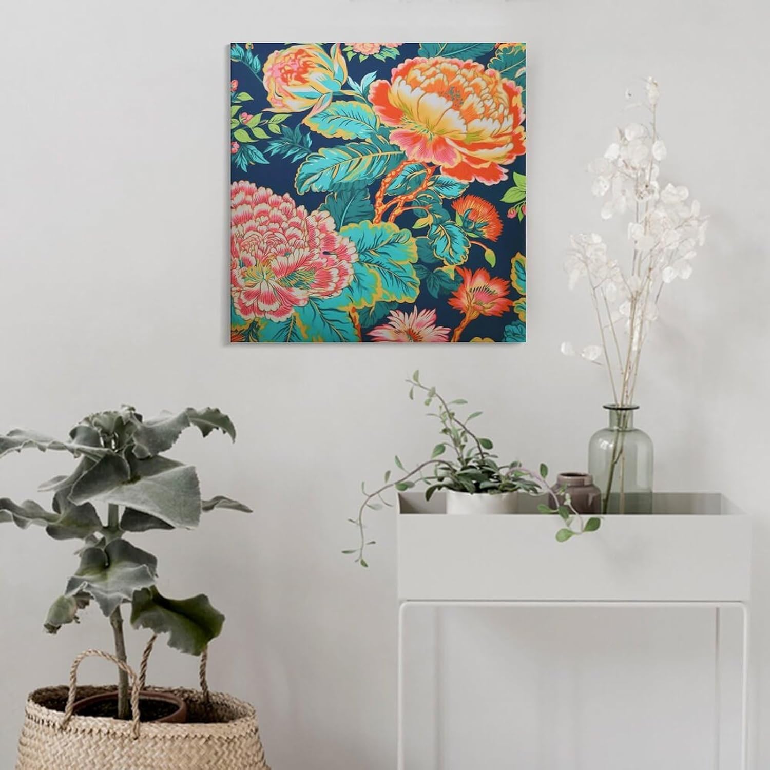 Lienzo de peonía chinoiserie azul marino, rosa y rojo, arte de pared con diseño floral de peonía asiática, pinturas de pared modernas para