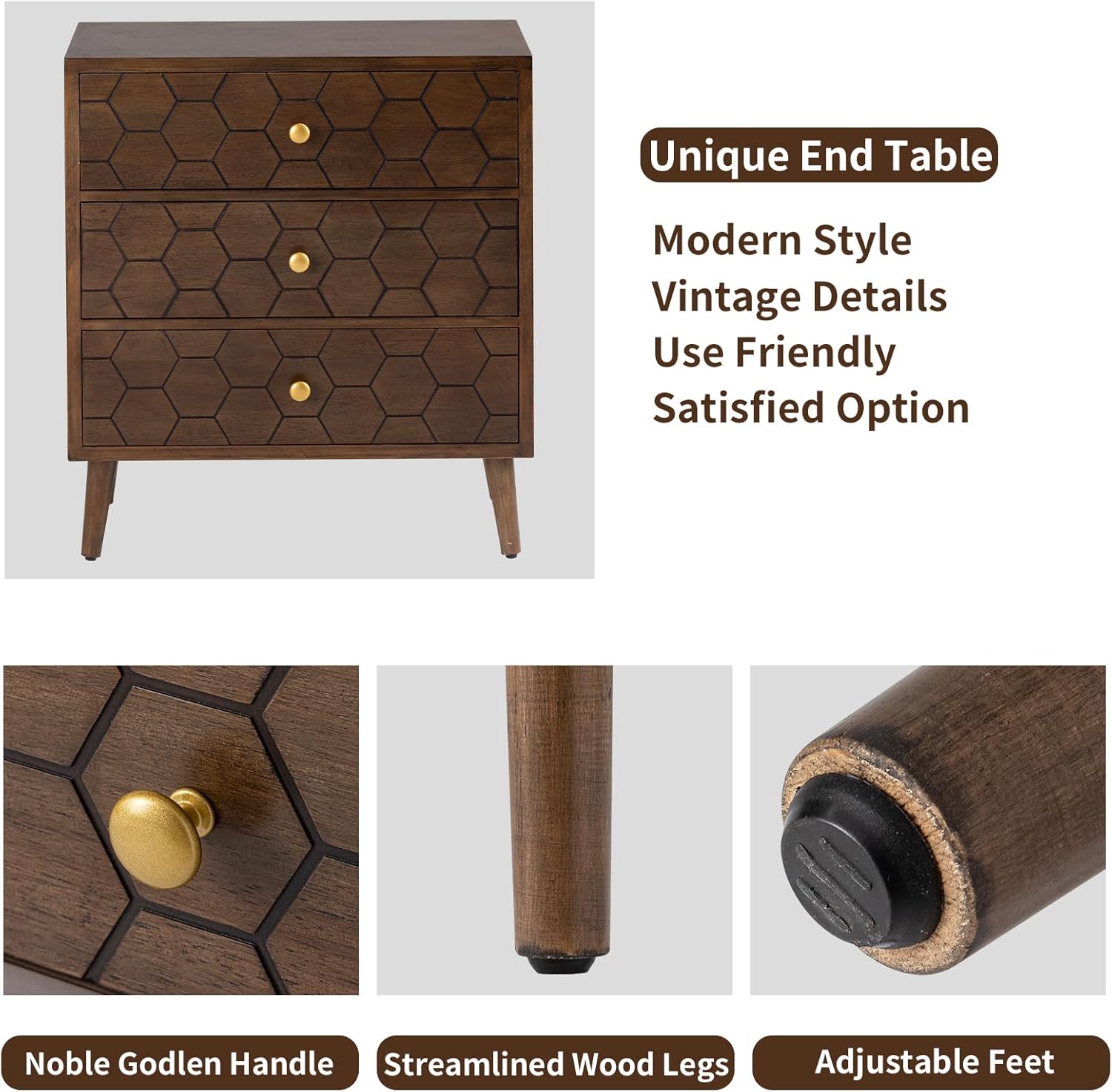 HOMPUS Mesa auxiliar moderna con patrón de panal de abeja, mesita de noche con 3 cajones de almacenamiento, mesita de noche con acabado de grano de