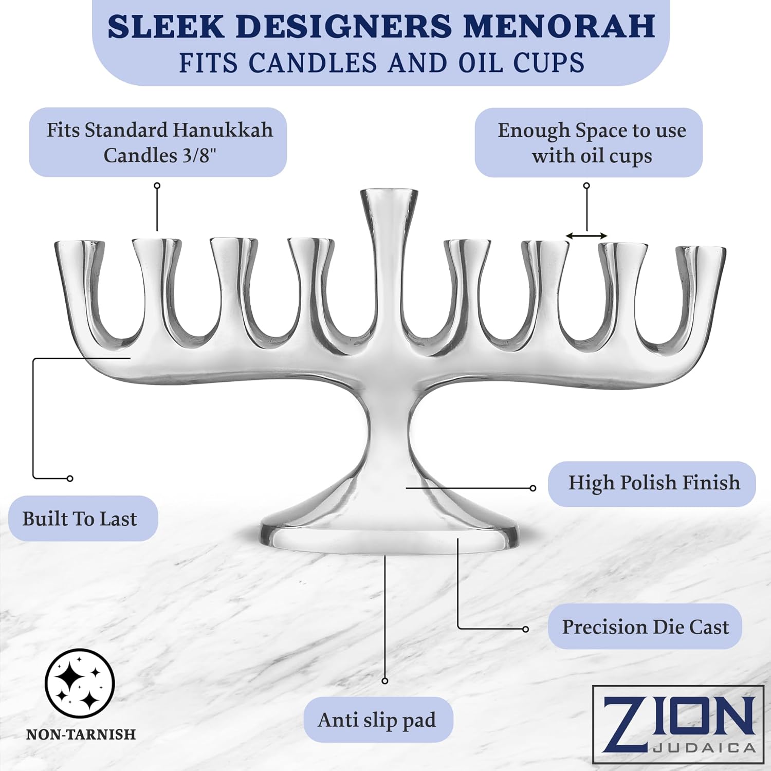 Zion Judaica Impresionante Menorá de diseñadores elegantes para Hanukkah Vela tradicional de alto pulido y aceite Chanukiah Clásico Chanukah Minorah