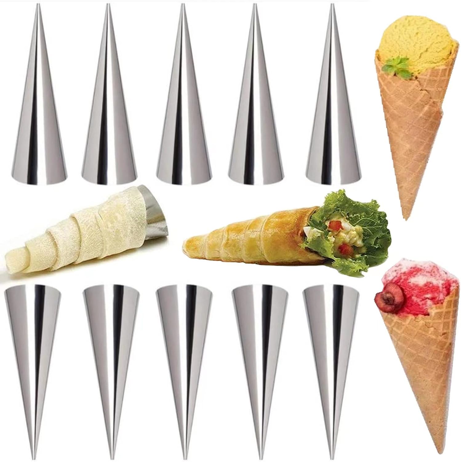 AMBESTAR Juego de 30 moldes de cuernos de crema, grandes de acero inoxidable Canolis Forms Cannoli Kit para hornear canolis, cáscara de croissant,