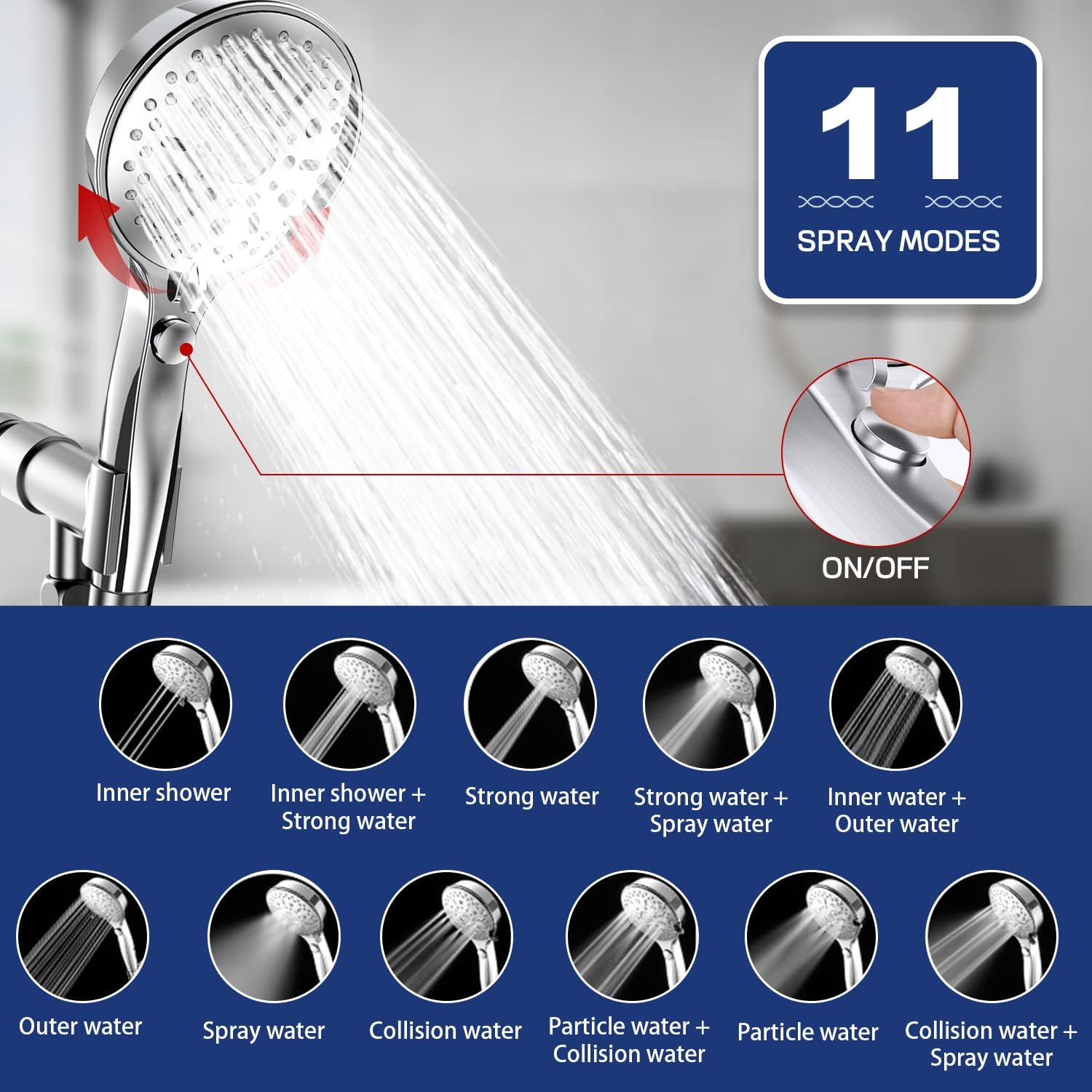 Cabezal de ducha de mano de alta presión, 11 ajustes de pulverización, interruptor de pausa de 4.85 pulgadas, cabezal de ducha de baño extraíble de