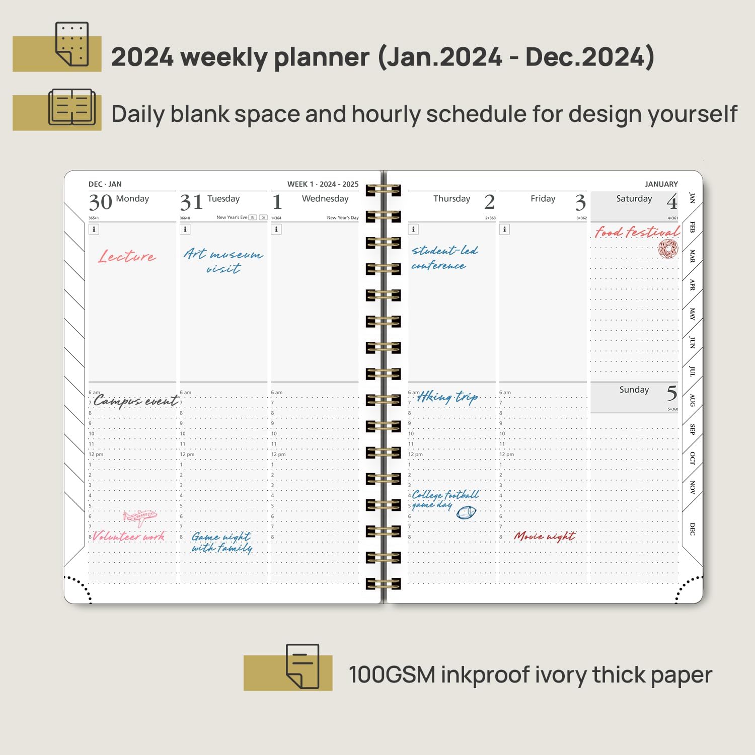 POPRUN – Agenda 2024 diaria, semanal y mensual de 8.5 x 6.25 pulgadas, agenda vertical 2024 con programación por horas, pestañas y calendarios,