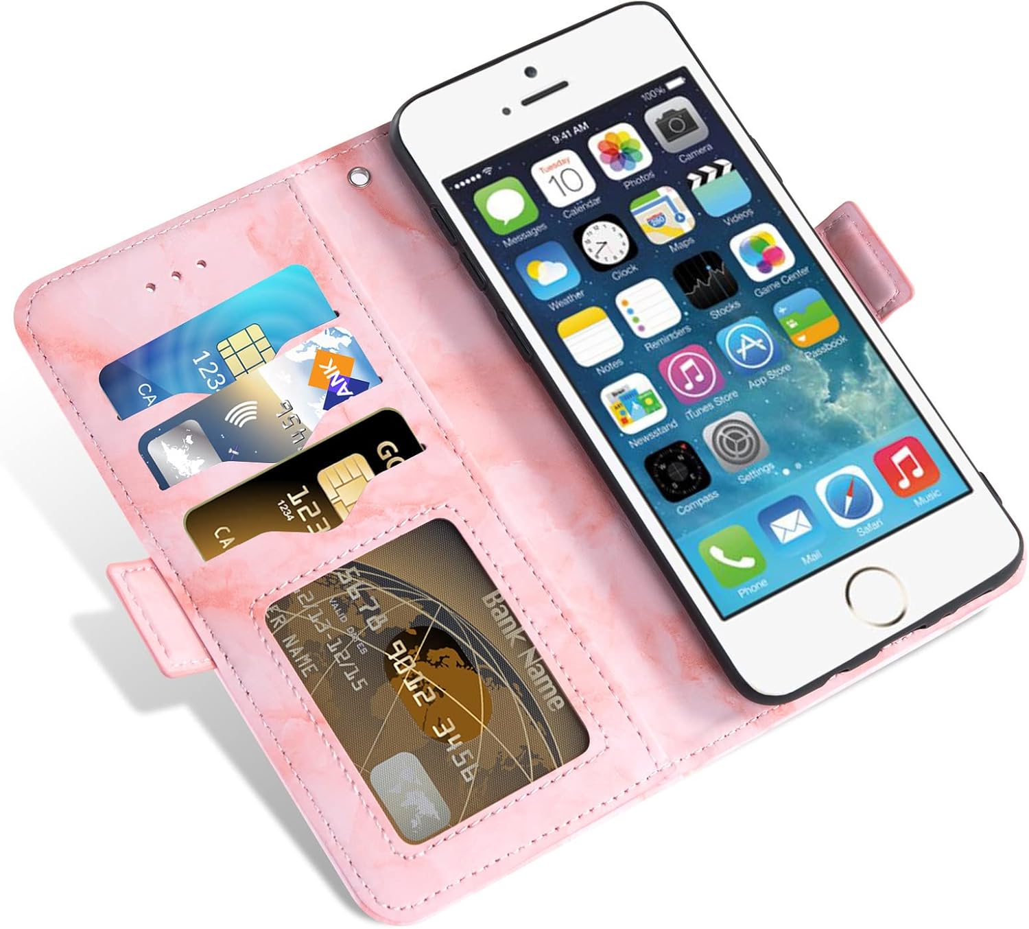 Asuwish Funda compatible con iPhone 5S 5 SE 2016 5SE y protector de pantalla de vidrio templado, tarjetero con función atril de mármol para iPhone