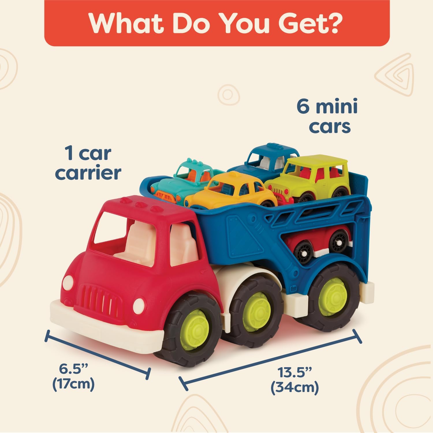 B. – Camión portador de automóviles – Portacoches de juguete – 2 mini autos – Camiones de juguete para niños pequeños, niños – 12 meses + – Happy