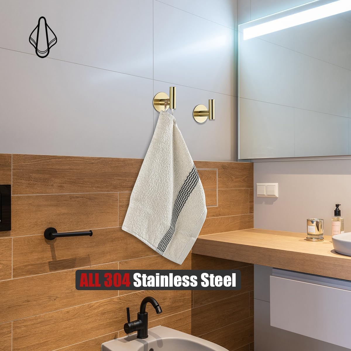 JQK ATH110-BG-P2 – Gancho de pared autoadhesivo para toallas, color dorado, sin taladro, para baño, cocina, garaje, paquete de 2 unidades, acero