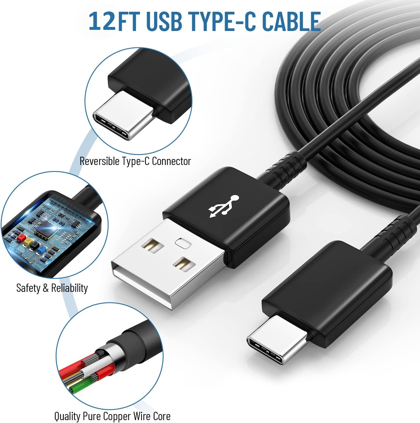 Cargador tipo C de carga rápida, bloque de cargador de teléfono Android con cable de carga USB C de 12 pies para Samsung Galaxy S23S22S21S20S10S10