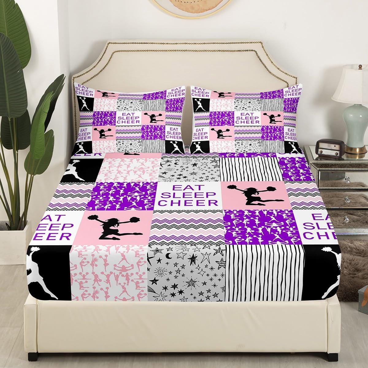 Juego de sábanas de animadoras, juego de ropa de cama de tamaño individual para niños, niñas, adolescentes y adultos, sábana bajera geométrica a