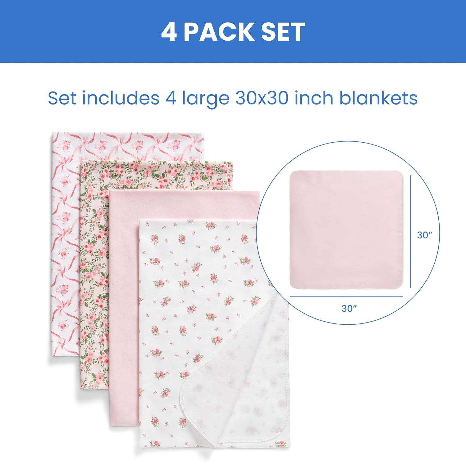Delta Children Mantas de franela 100% algodón para niñas y niños, 30 x 30 pulgadas (paquete de 4), rosa floral