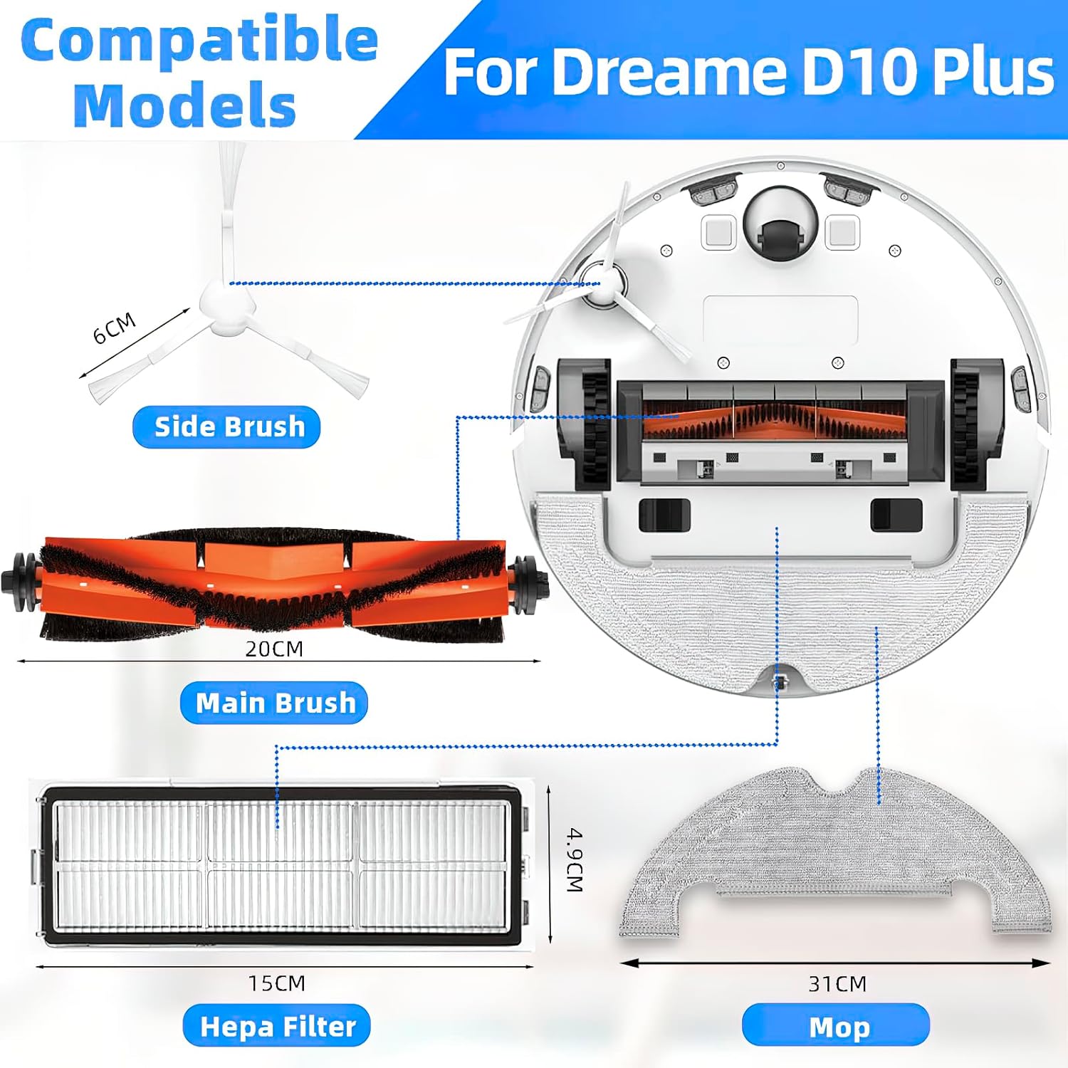 Kit de piezas de repuesto para robot aspirador Dreametech D10 Plus RLS3D, accesorios 2 cepillos de rodillo principal, 4 cepillos laterales, 4