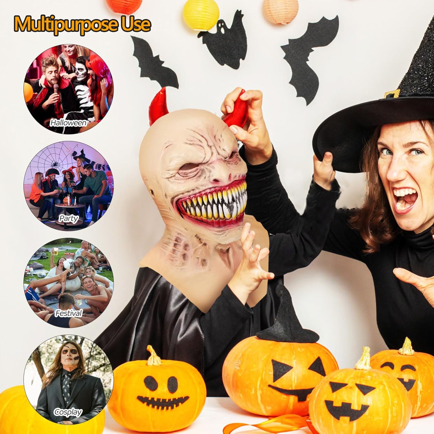 Toyvian Máscara de fantasma de Halloween, máscara de zombi de cabeza completa, de látex natural, monstruo con colmillos, para Halloween, vampiro,