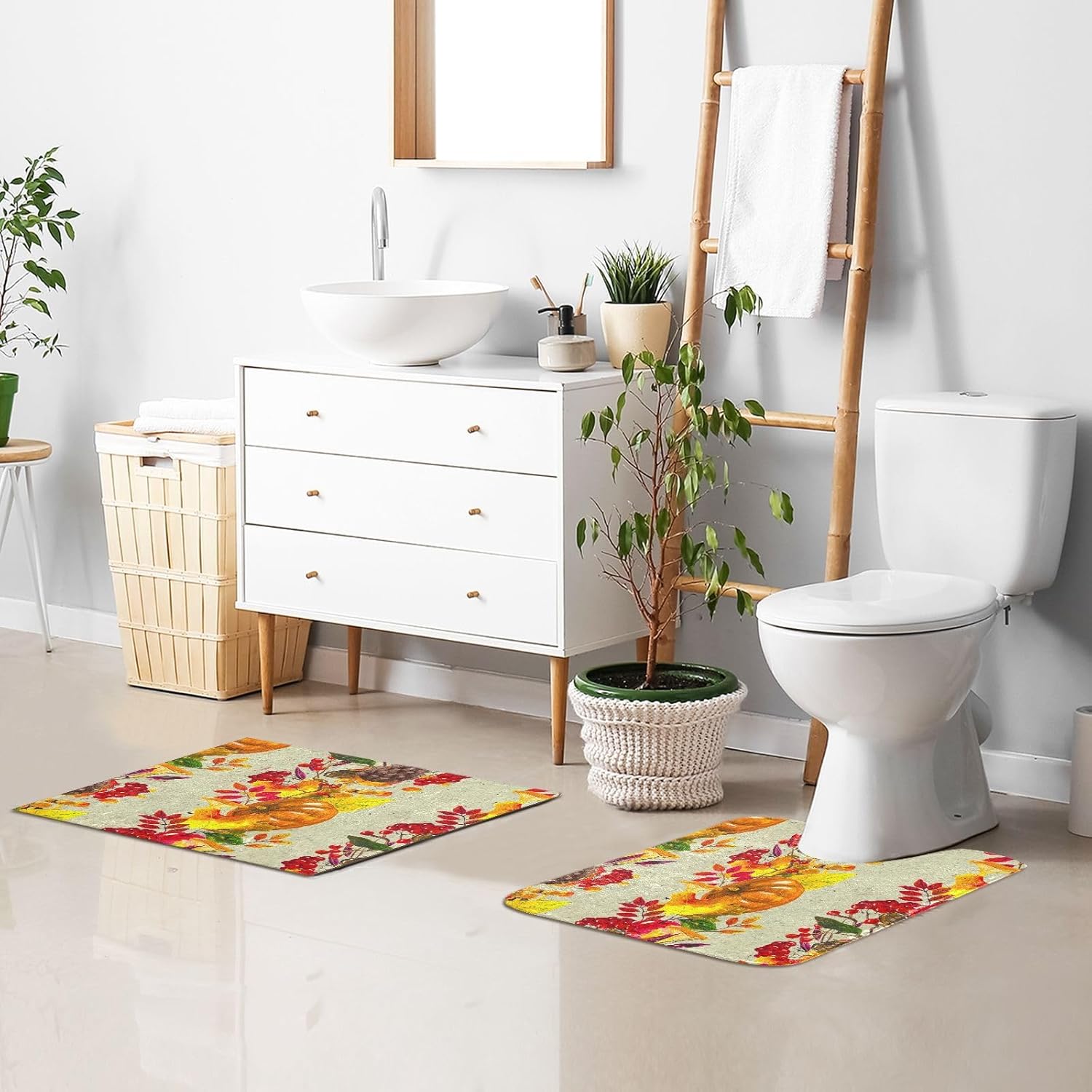 Bathroom Rugs Sets 2 Piece 24×16+24×20 Inch,Soft U-Shaped Contour Toilet Rug Fall Red Maple Leaves Non-Slip Absorbent Bath Floor Mat Carpet Set