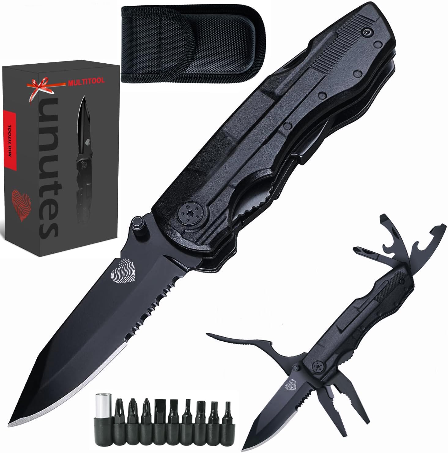 Juego de cuchillos de bolsillo multiherramienta 14 en 1, alicates tácticos multiherramienta con funda de nailon para exteriores, campamento, pesca,