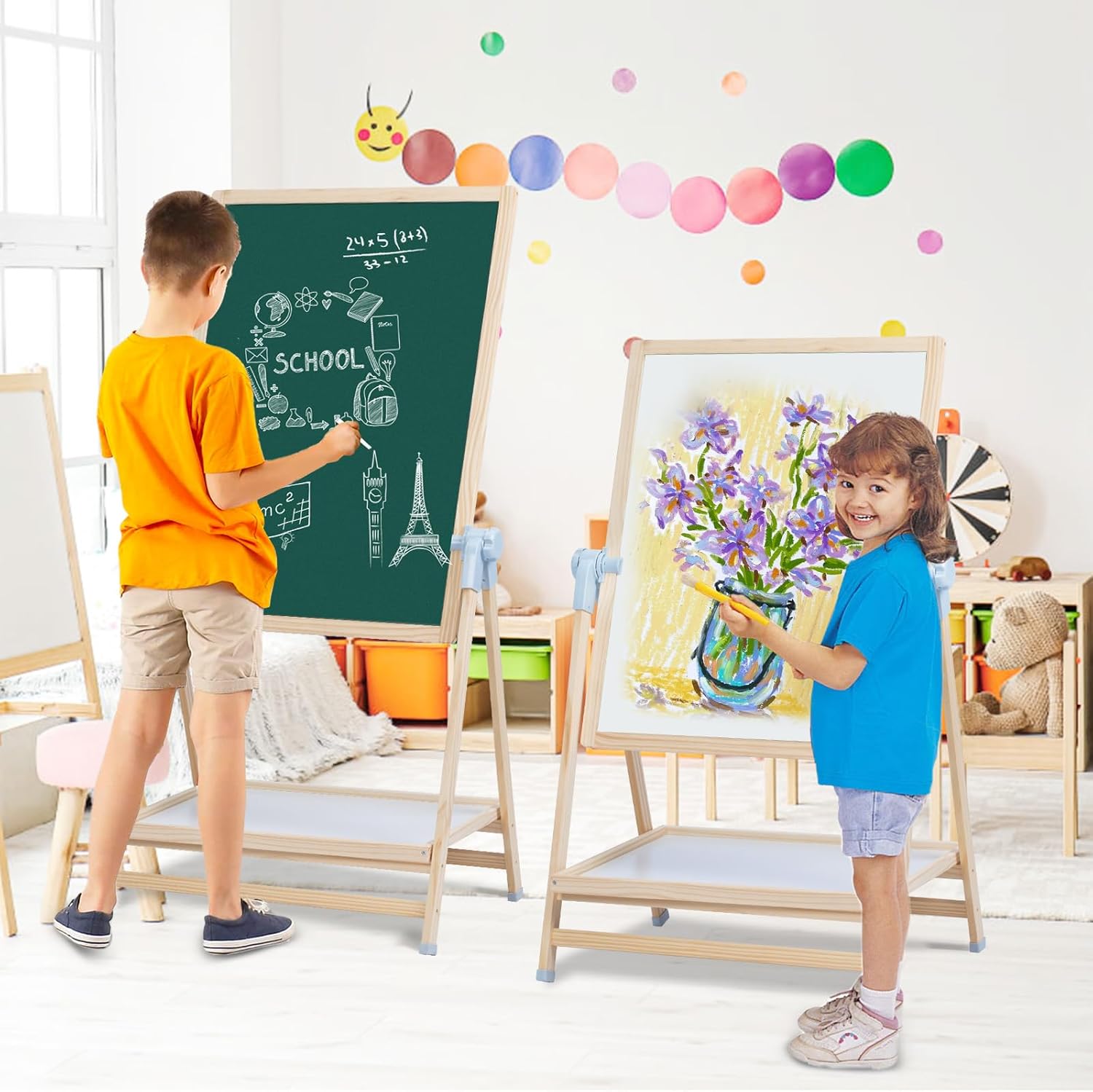 Caballete para niños, caballete de madera de doble cara Weudear para niños, caballete de madera de doble cara, tablero blanco 4 en 1, tablero de
