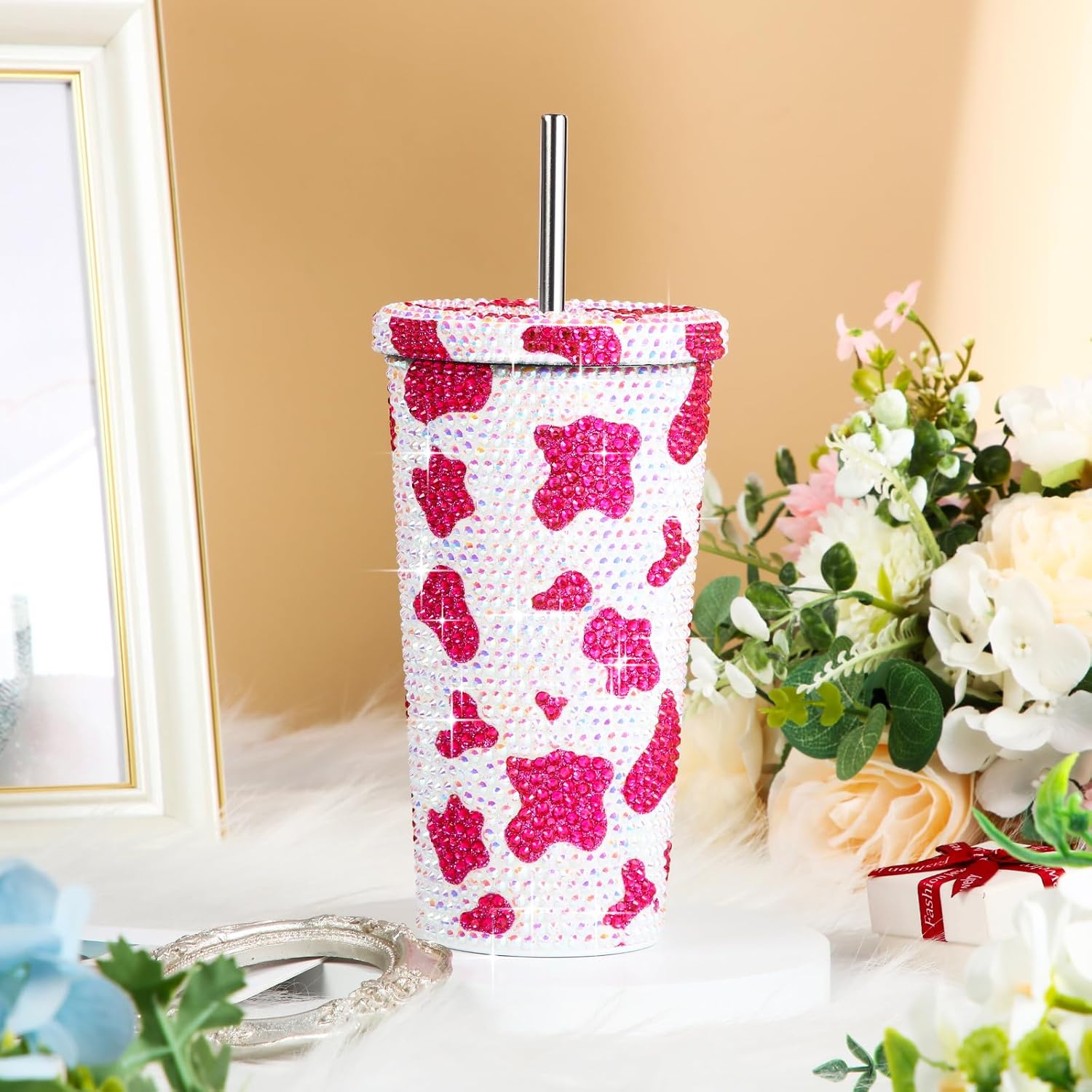 Yaomiao Botella de agua de 17 onzas con estampado de vaca con diamantes brillantes, vaso de acero inoxidable con cepillo para pajilla, vaso aislado
