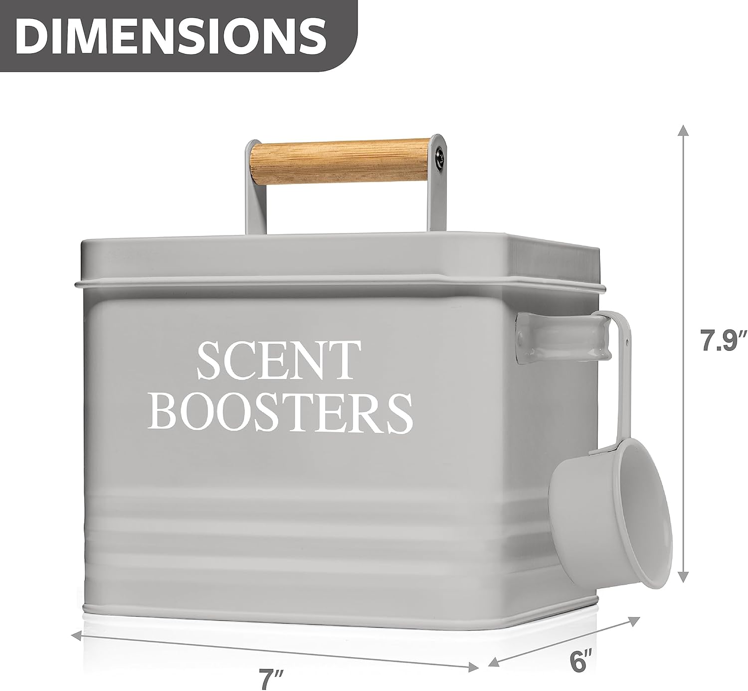 Calindiana Modern Farmhouse – Recipiente dispensador de perlas de metal para lavandería con cuchara para decoración y accesorios de lavandería,