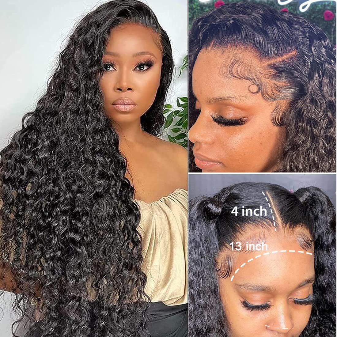 Pelucas de cabello humano ondulado profundo con encaje frontal transparente HD de 13 x 4 para mujer, pelucas de cabello humano húmedo y ondulado con