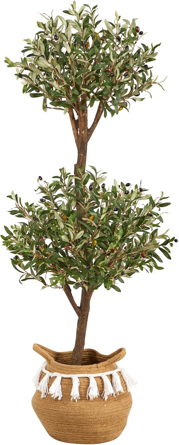 Nearly Natural Árbol topiario doble de oliva artificial de 4.5 pies con cesta de yute y algodón hecha a mano con borlas