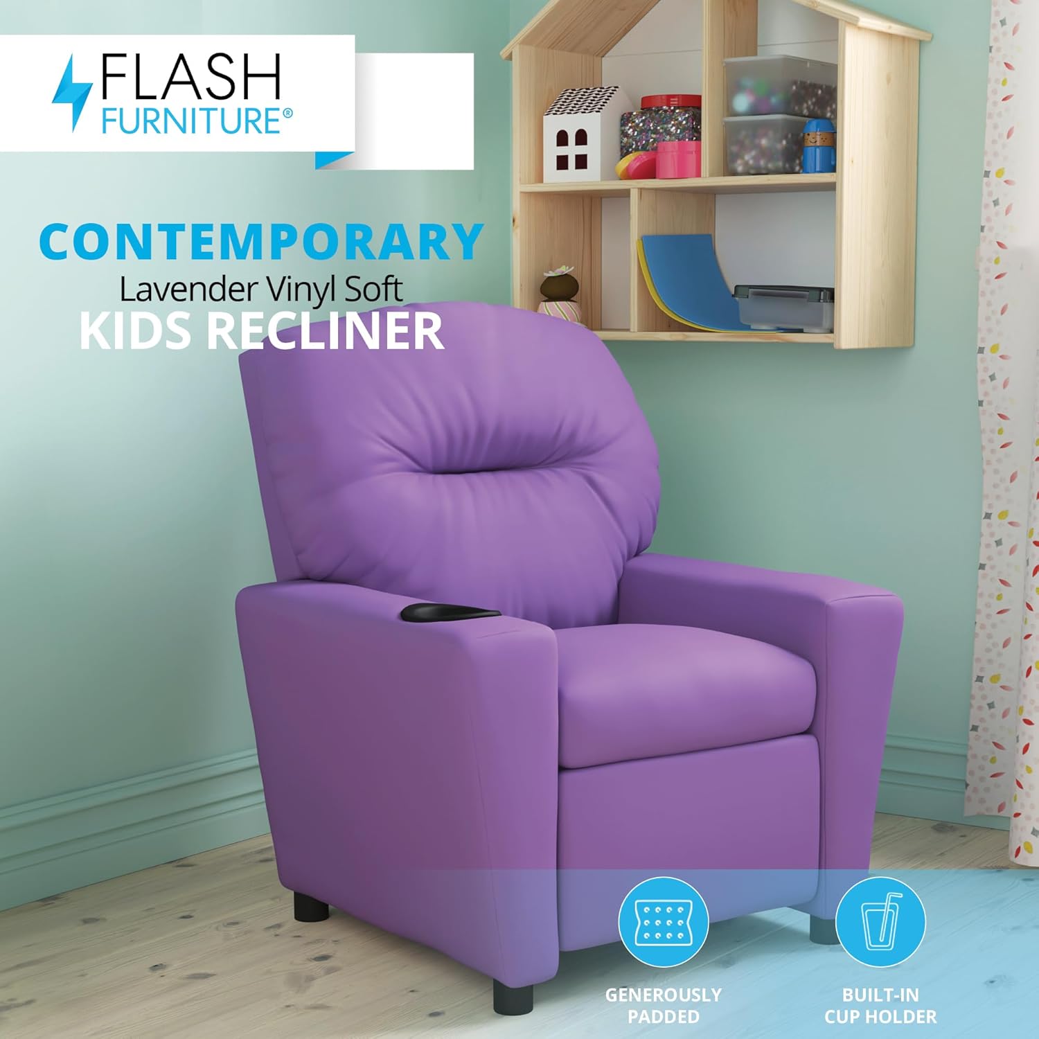 Flash Furniture – Contemporáneo sillón reclinable de vinilo color beige para niños, base para vasos