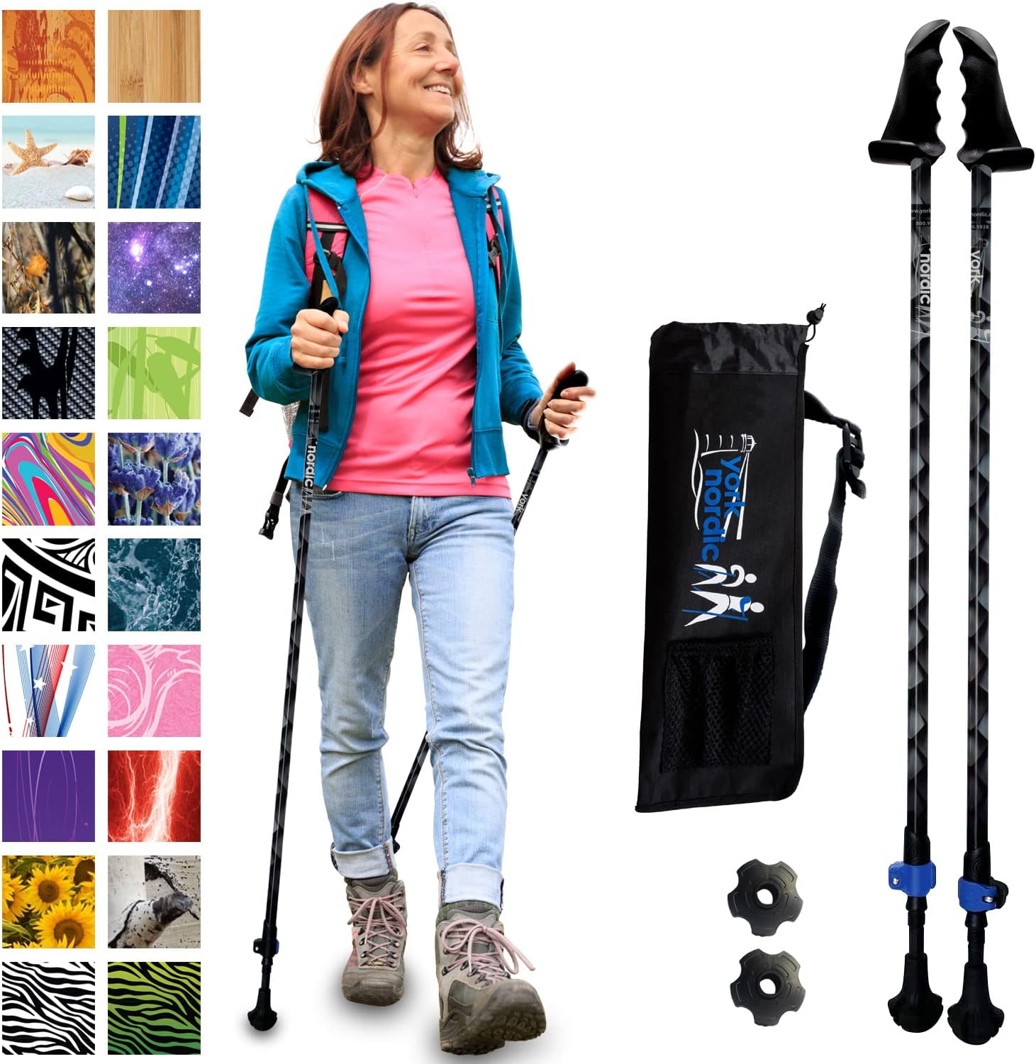 York Nordic Motivator – Bastones de senderismo para equilibrio y rehabilitación, agarres de estabilidad patentados, ligeros, ajustables y plegables,