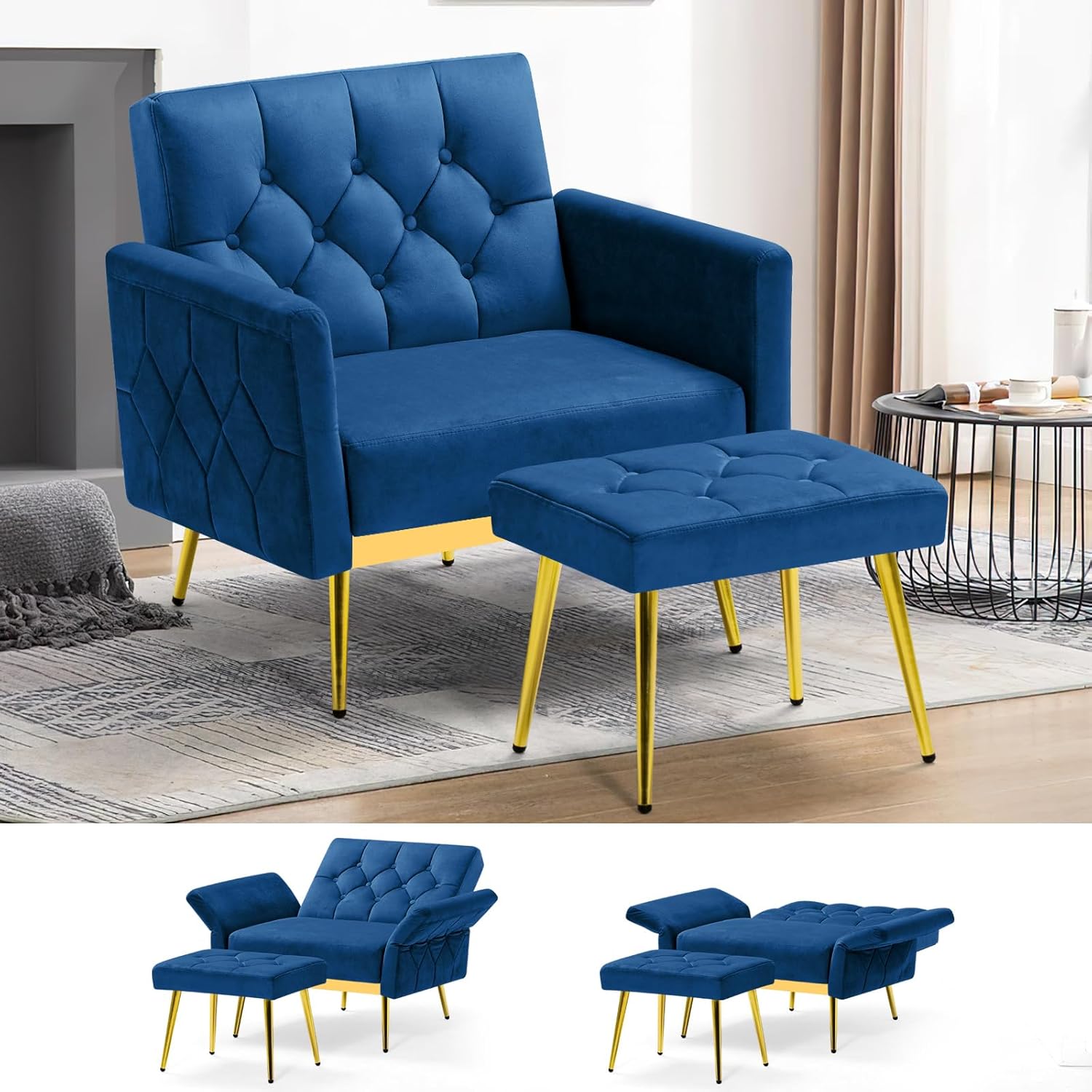 ACMEASE Silla decorativa de terciopelo con reposabrazos y respaldos ajustables, sofá individual copetudo con otomana, Chiar de lectura tapizado para