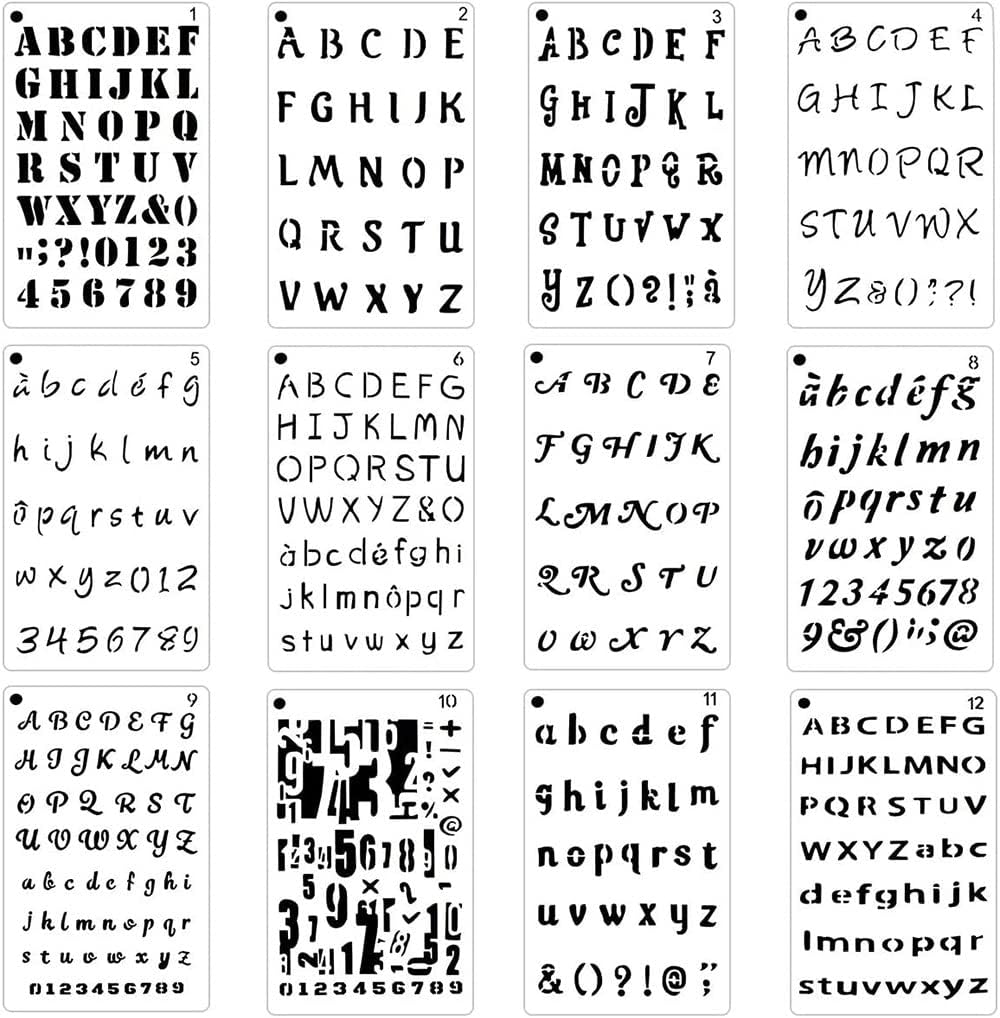 ELENTGE Plantillas de letras, 12 plantillas para manualidades, plantillas de alfabeto de 4 x 7 pulgadas, plantillas de manualidades, plantillas de