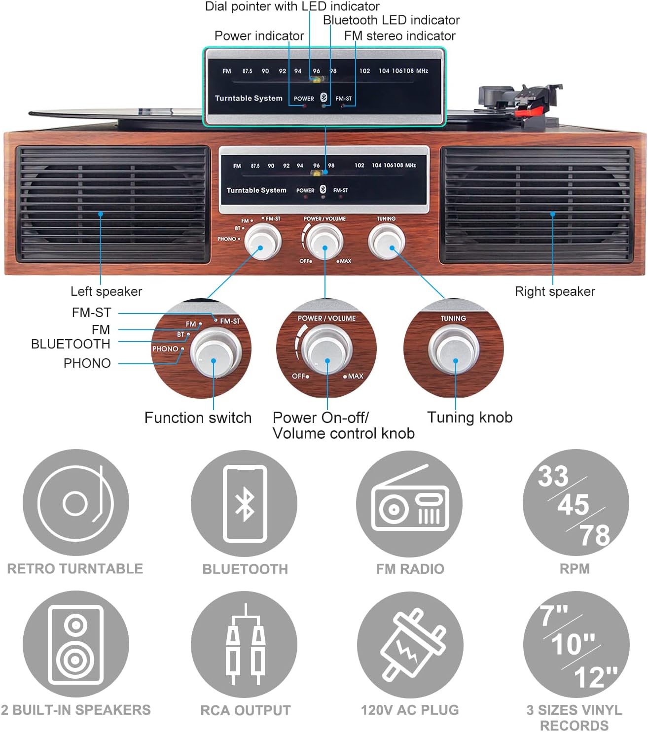 Tocadiscos Bluetooth, tocadiscos de 3 velocidades, tocadiscos de vinilo, radio FM con 2 altavoces estéreo incorporados, 33, 45, 78 RPM, reproductor
