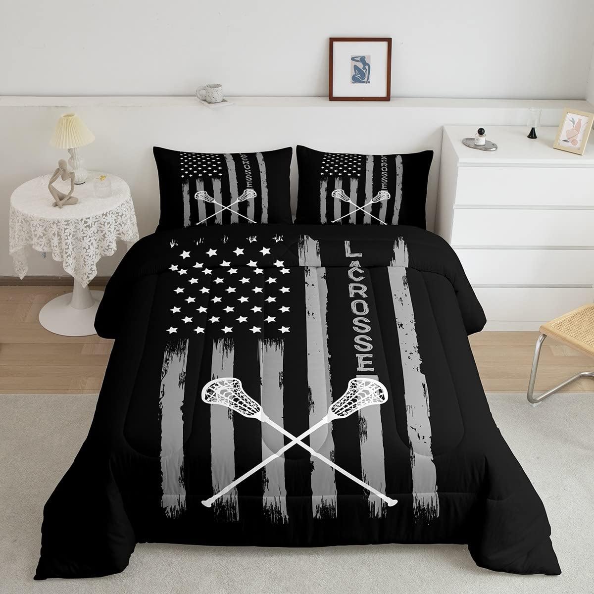 Lacrosse – Juego de edredón para niños y niñas, juego de ropa de cama de palo de lacrosse gris y blanco, relleno de edredón de rayas americanas,