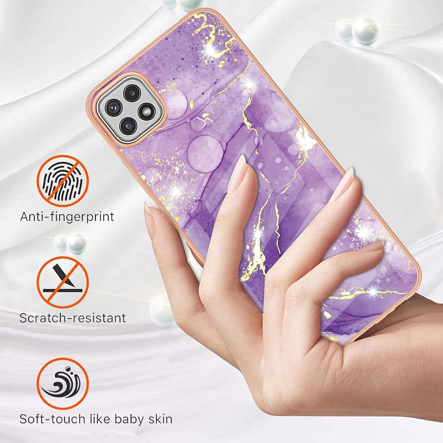Monwutong Funda delgada para Samsung Galaxy A22 5G (no 4G), diseño de mármol brillante IMD para niñas, lente de cámara y cubierta protectora de