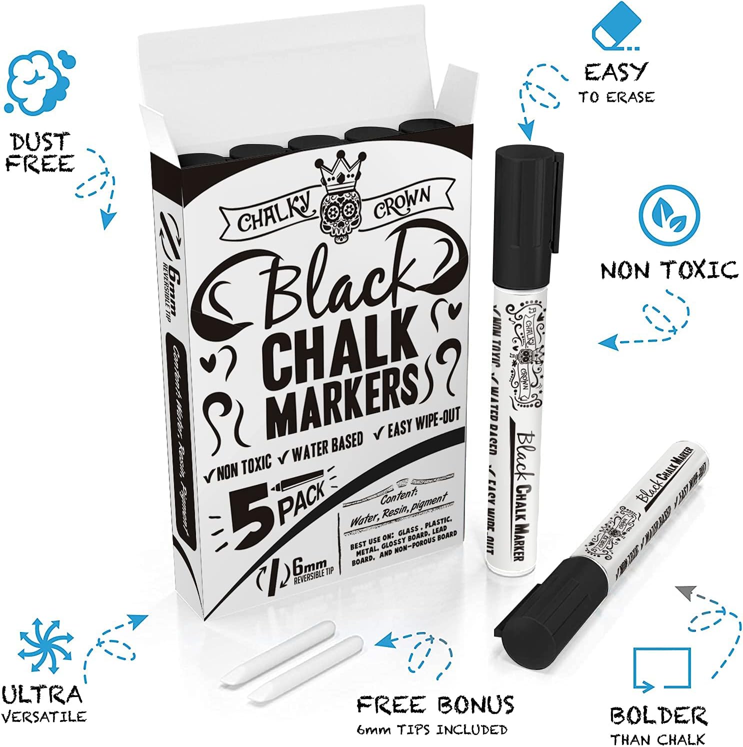 CHALKY CROWN Rotulador de tiza líquida  Marcador de borrado en seco  Marcadores de tiza para letreros de pizarra, ventanas, pizarra, vidrio  Punta