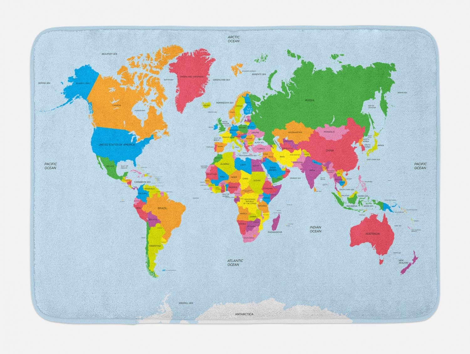Ambesonne Map – Tapete de baño, clásico mapa colorido del mundo en estilo político, viajes, Europa, América, Asia y África, tapete de felpa para