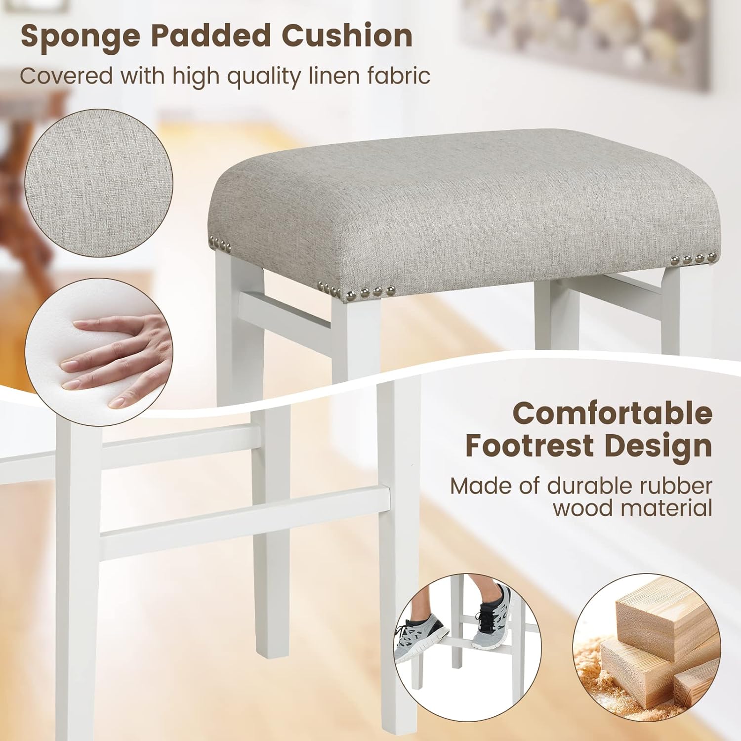 COSTWAY Juego de 2 taburetes de bar de 29.5 pulgadas de altura de mostrador con cojines de asiento acolchados, patas de madera de caucho natural,