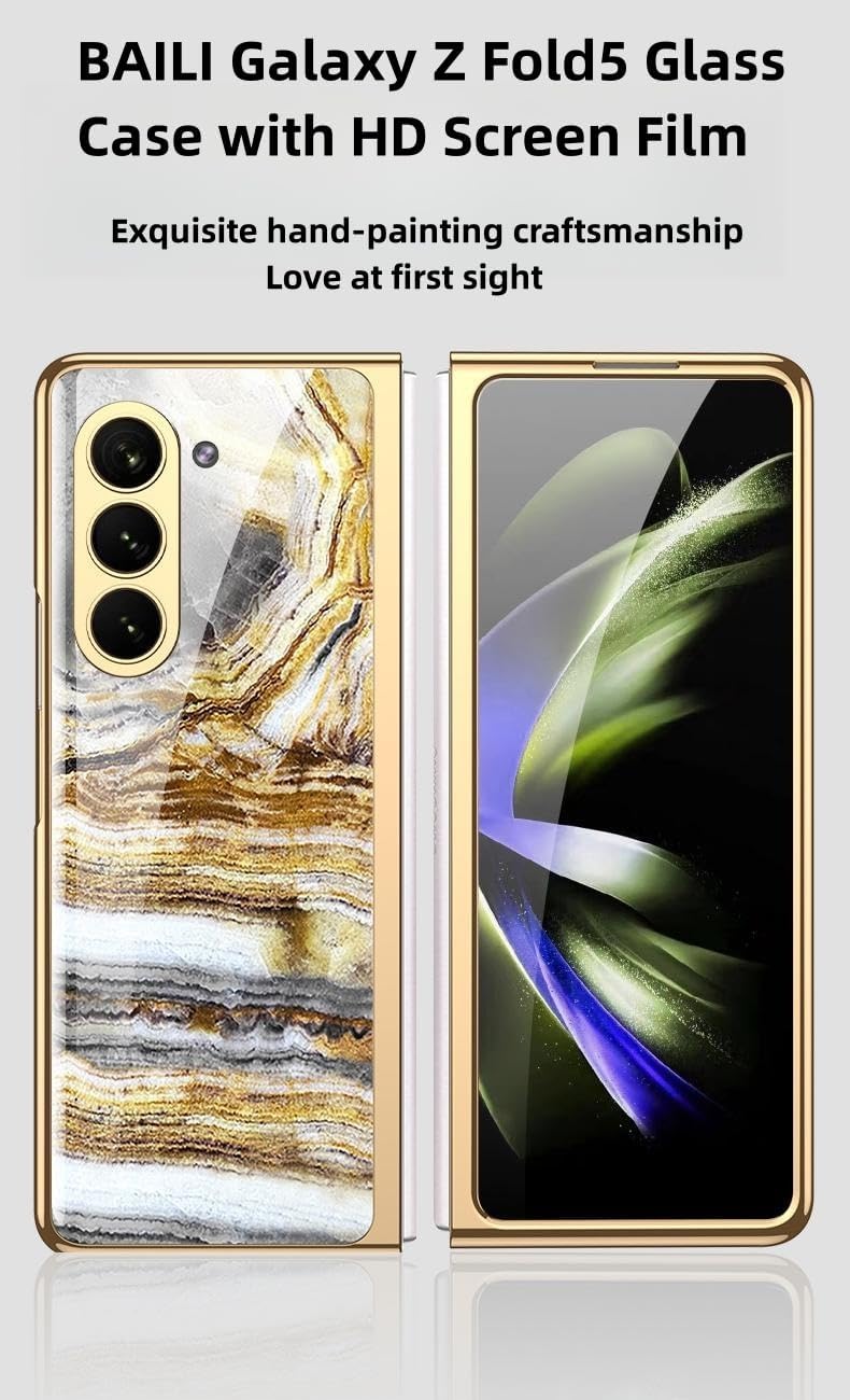 BAILI Funda para Galaxy Z Fold5, funda de vidrio Z Fold 5, funda protectora de vidrio templado ultrafina 9H Fold5, cubierta trasera de pintura de