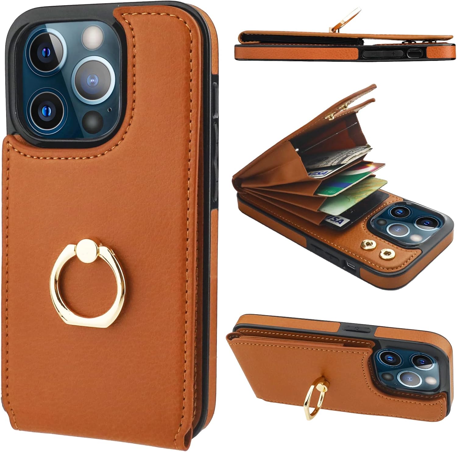 Folosu Funda compatible con iPhone 13 Pro con soporte para tarjetas, rotación de 360, soporte de anillo de dedo con función atril, protección RFID,