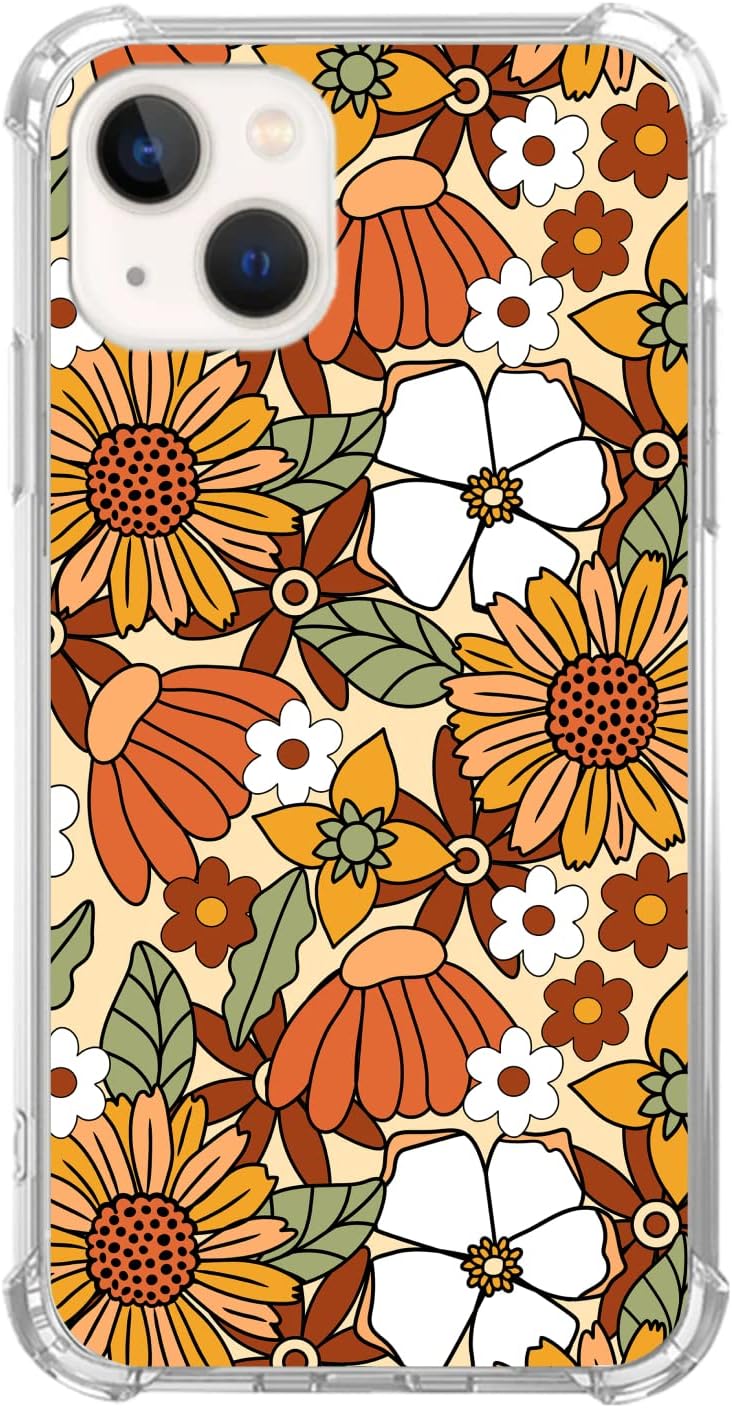 Funda vintage retro de los años 70 compatible con iPhone 13 Mini, funda estética hippie groovy amarillo marrón flores blancas para iPhone 13 Mini,