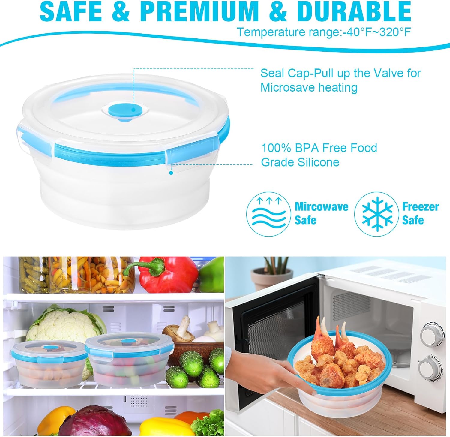 Juego de 12 recipientes plegables de silicona para almacenamiento de alimentos, contenedor plegable de silicona redondo para almacenamiento de