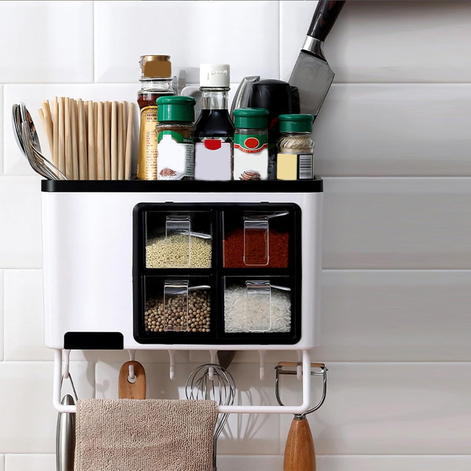 Caja multifuncional para condimentos de cocina, tarro de cepillo de cocina, caja de almacenamiento de cuchara, organizador de cocina 4 en 1 con