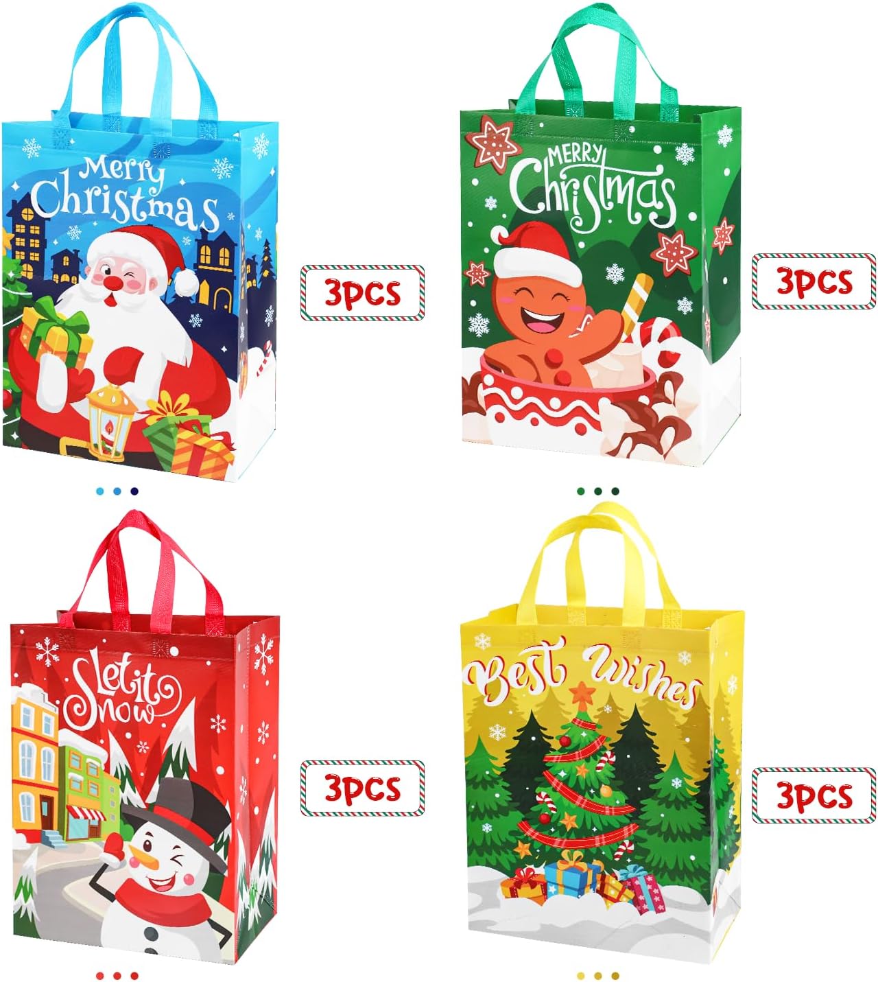 Paquete de 12 bolsas grandes de Navidad con asas, bolsa de regalo reutilizable, no tejida, bolsas de compras para suministros de fiesta de Navidad