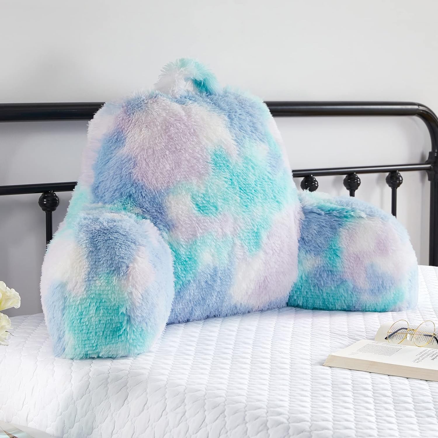 Bedriping Almohada de lectura para cama para adultos, almohada de respaldo de piel sintética con brazos, almohada ergonómica para sentarse en la