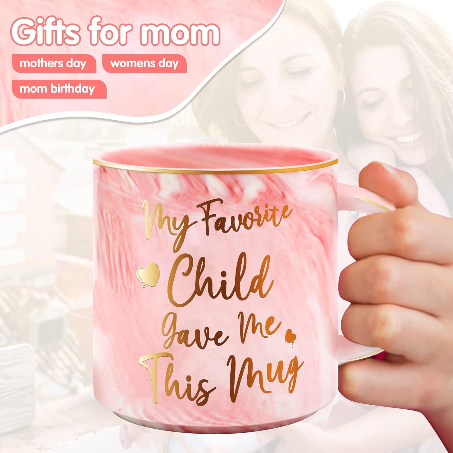 Taza de 12 onzas con la frase “Best Mom Ever” para mamá, divertida taza de café de cerámica con estampado doble de mármol rosa, para el Día de la