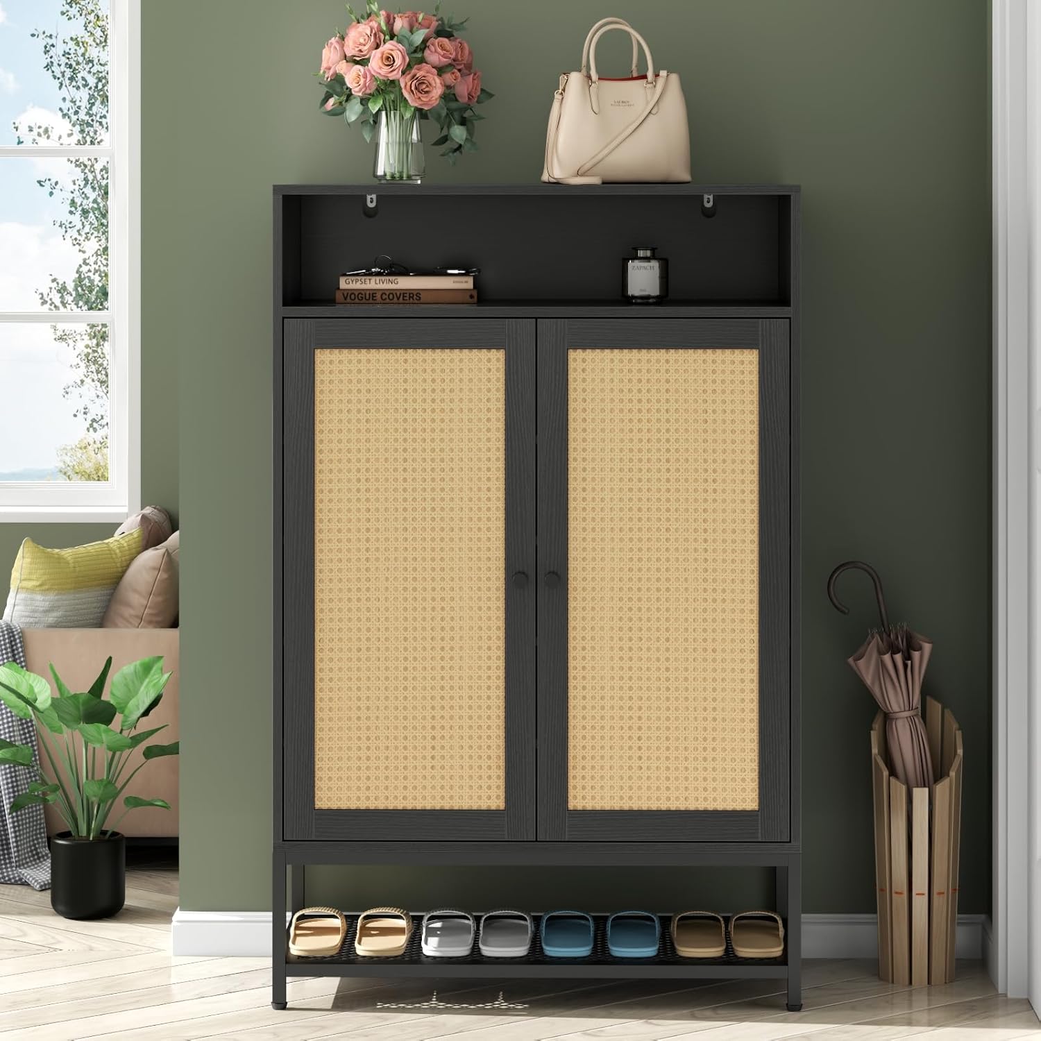 Gyfimoie Organizador de zapatos de ratán con puertas, armario de almacenamiento de zapatos con estantes ajustables para entrada, estante de zapatos