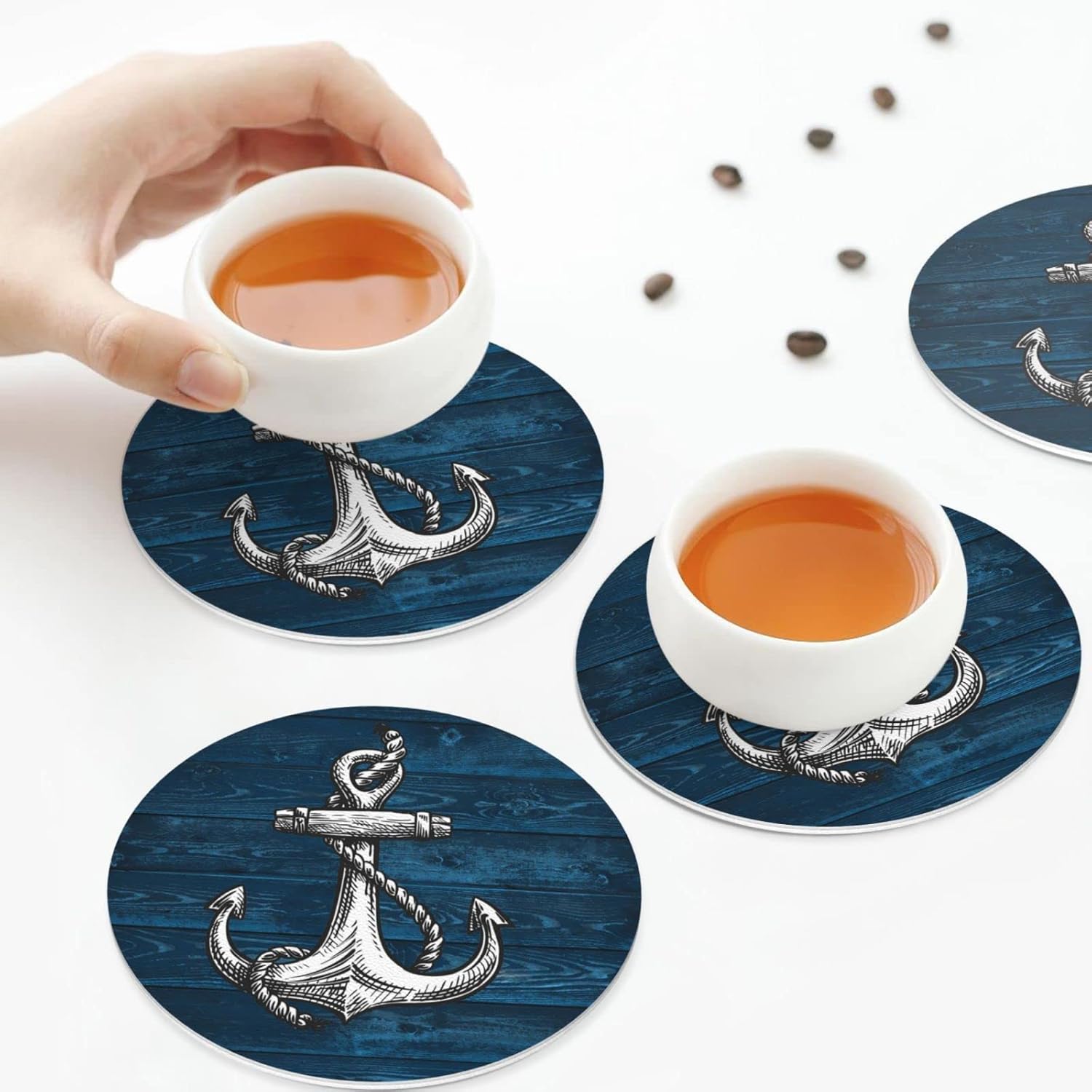 Anchor – Juego de 6 posavasos de madera para bebidas, de piel sintética absorbente para mesa de café, decoración del hogar, regalo de inauguración